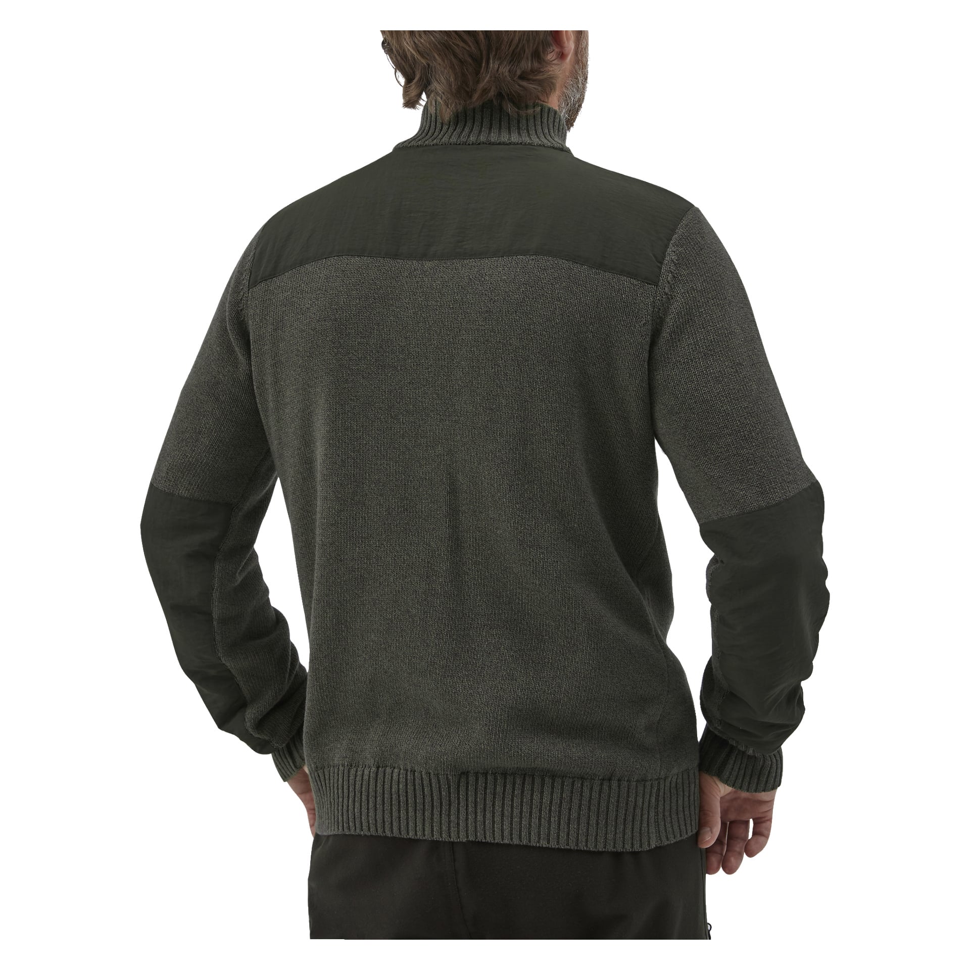 En man syns bakifrån, klädd i Kayoba Outdoor Knitted herrtröja Cannock. Den mörkgröna stickade tröjan har resårdetaljer vid krage, muddar och fåll, med kontrasterande tyglappar på axlar och armbågar.