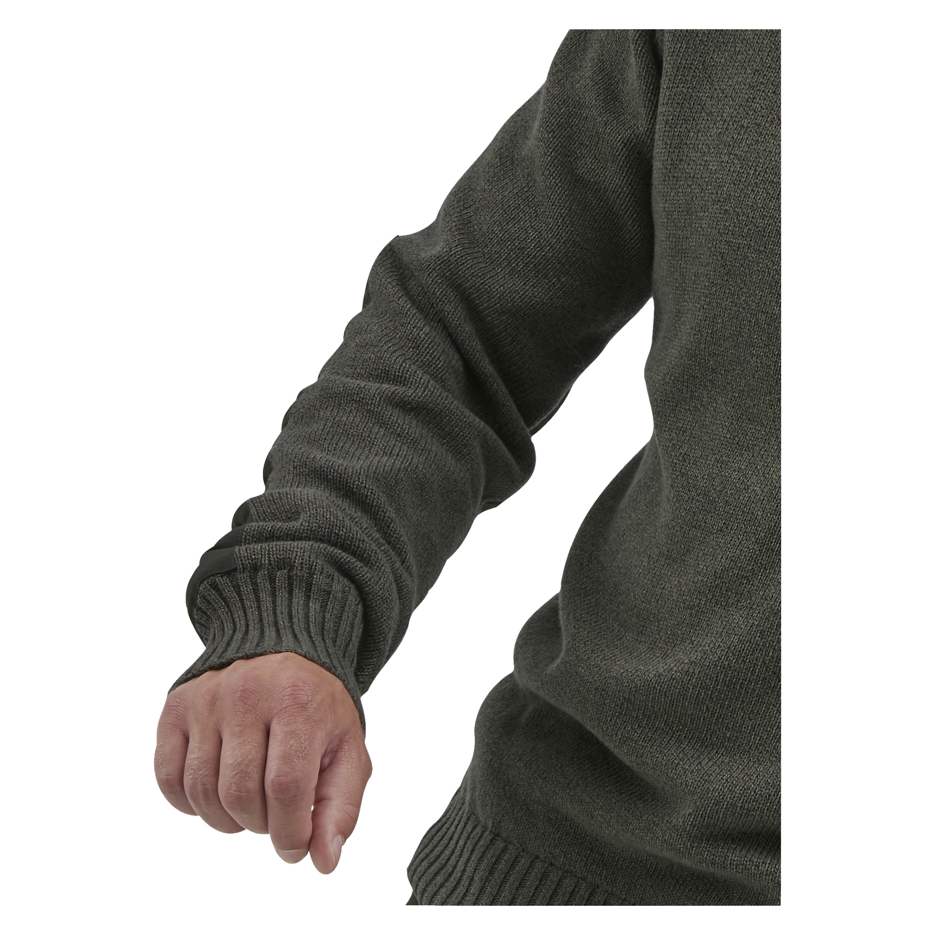 En person visas från axel till höft iklädd Kayoba Outdoor Knitted Men's Hunting Sweater Cannock i mörkgrönt. Deras högra hand är delvis stängd, med tröjärmen som sträcker sig över en del av handleden.