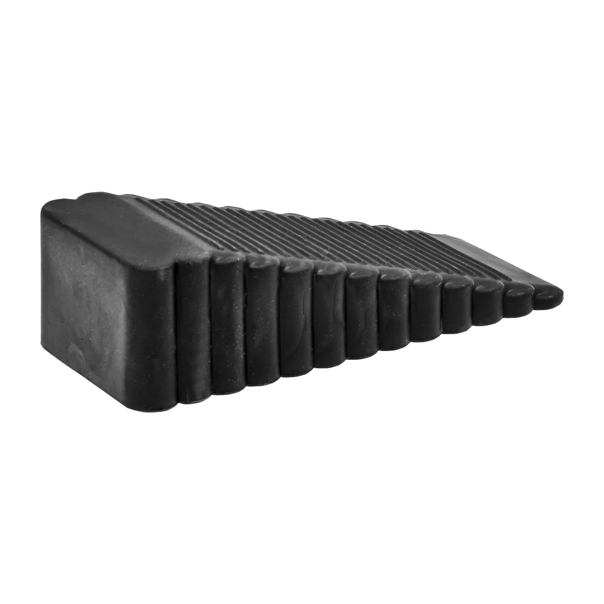 Ein schwarzer Gummi-Hardhead-Türstopper mit gerippter Oberfläche ist zu sehen.