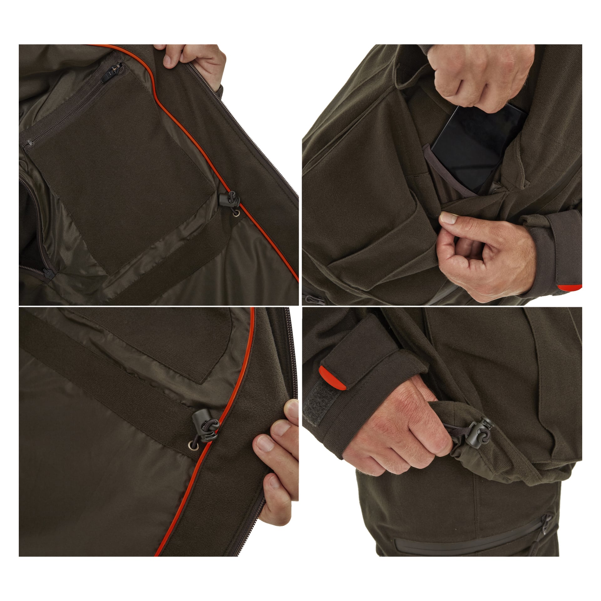 Fyra detaljerade närbilder visar Kayoba Outdoor Men's Cannock Superior jaktjacka i mörkbrunt, med fokus på fickor, dragkedjor, innerfoder, orange kanter samt justerbara manschetter och fickstängningar.
