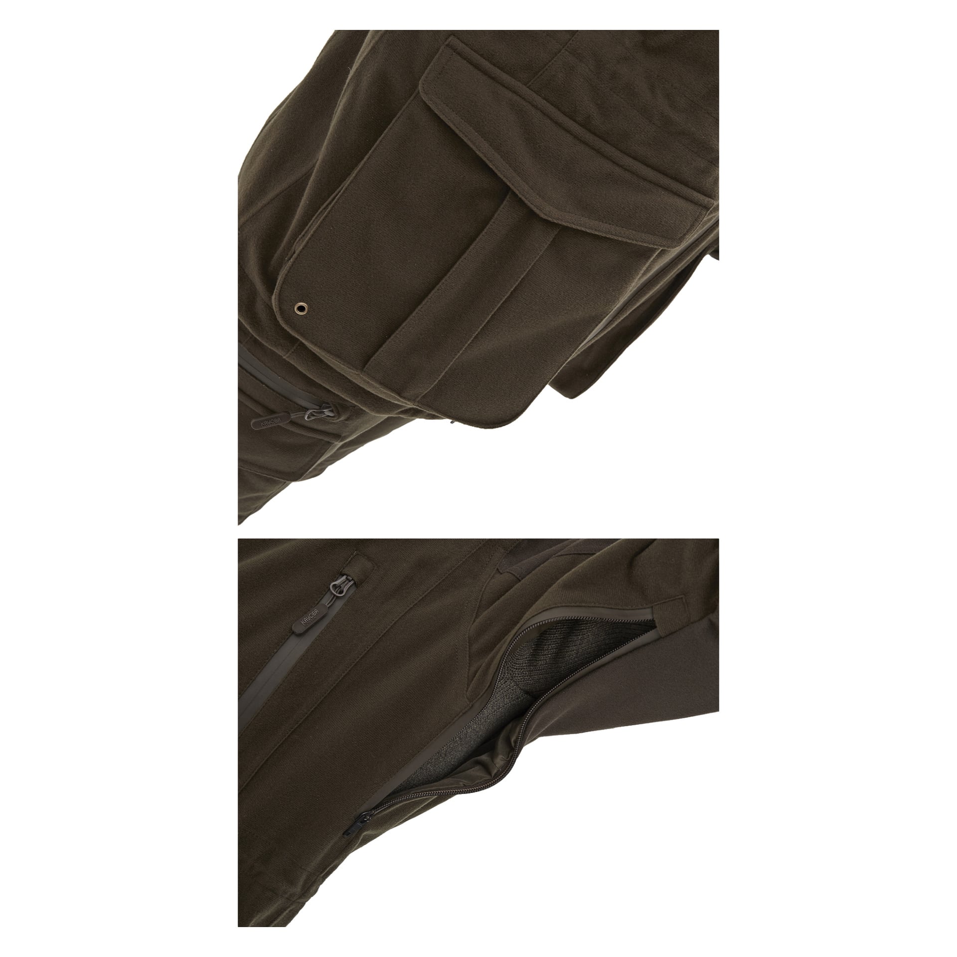 Två detaljbilder av Kayoba Outdoor Men's Cannock Superior jaktjacka: det övre fotot har en framträdande ficka med klaff, och det nedre fotot visar en sidoficka med dragkedja och synligt nätfoder.