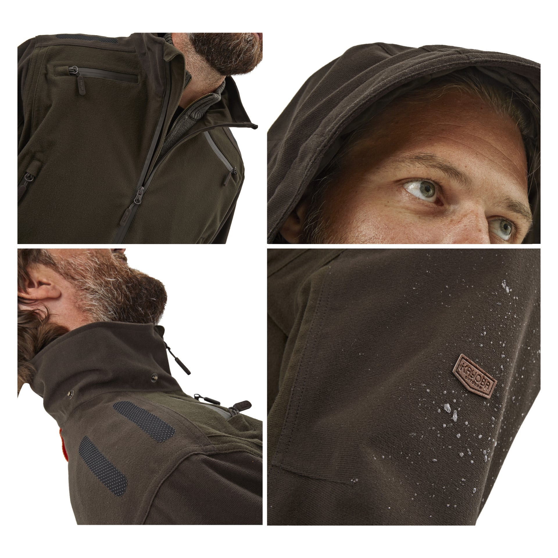 En serie av fyra närbilder med en man i Kayoba Outdoor Men's Cannock Superior jaktjacka i mörkbrunt. Bilderna visar specifika detaljer som huva, krage, dragkedja fram, axeldetaljer och en ärmlapp med synliga vattenfläckar. Mannens ansikte syns delvis på varje foto.
