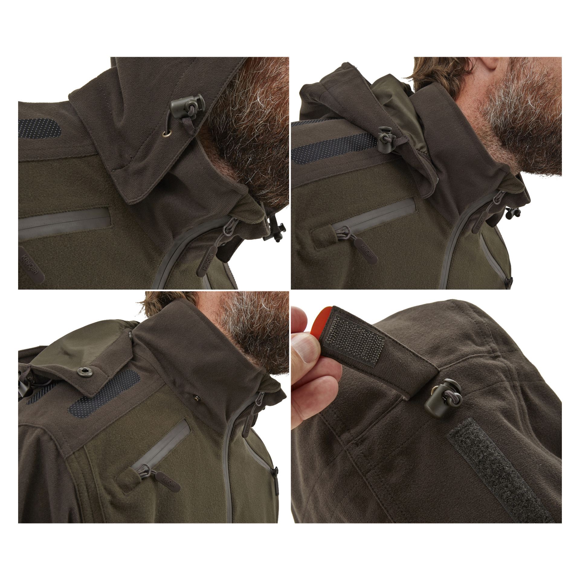Fyra detaljerade närbilder visar någon som bär Kayoba Outdoor Men's Cannock Superior jaktjacka i olivgrönt och brunt, med fokus på huvans funktioner, justerbara axlar, dragkedjessektioner och en hand som drar åt en kardborreband på axeln.
