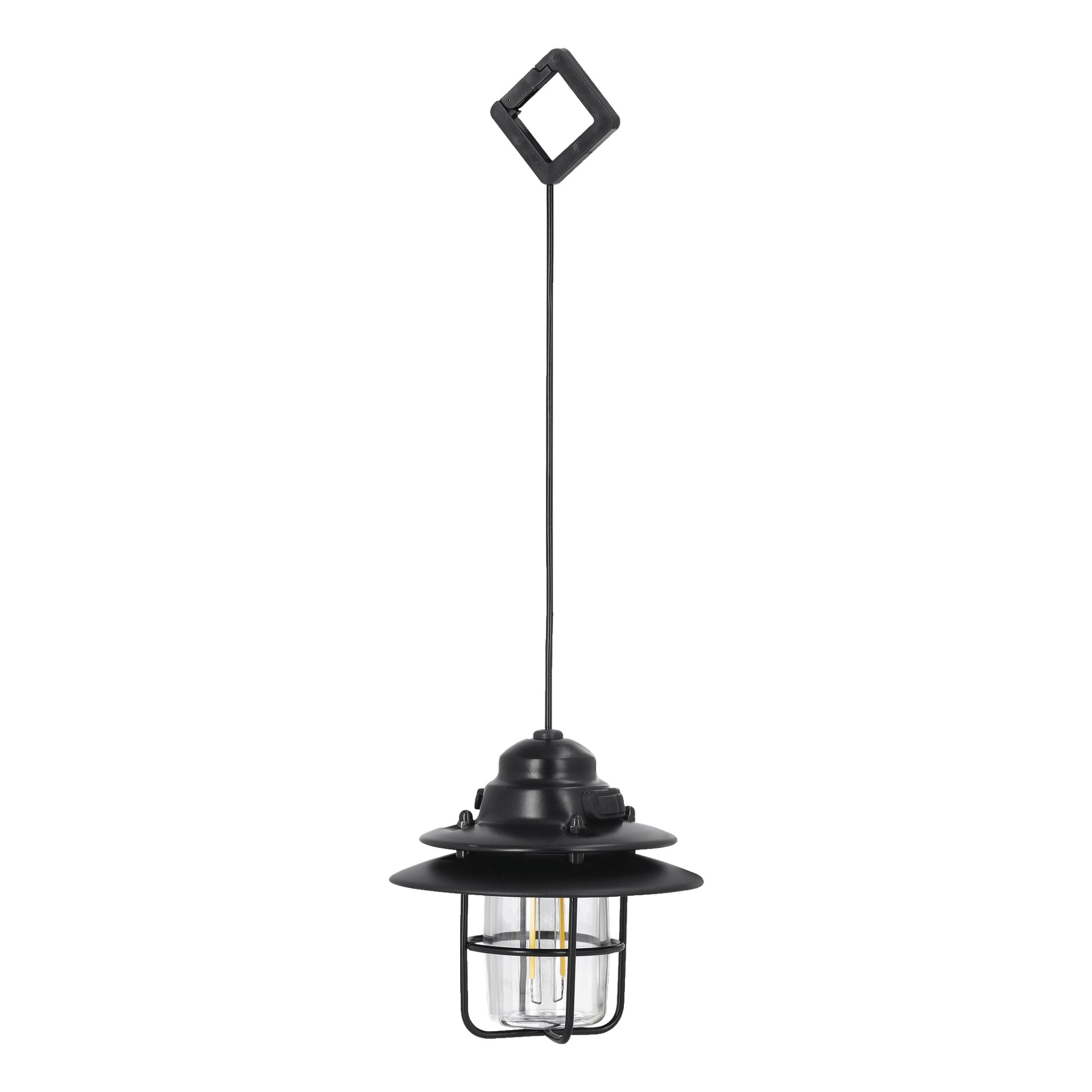 Kayoba uppladdningsbar campinglampa med en robust svart metallram, skyddande bur runt ett klart glasbur och en diamantformad ögla upptill för upphängning, fäst i en vertikal sladd.