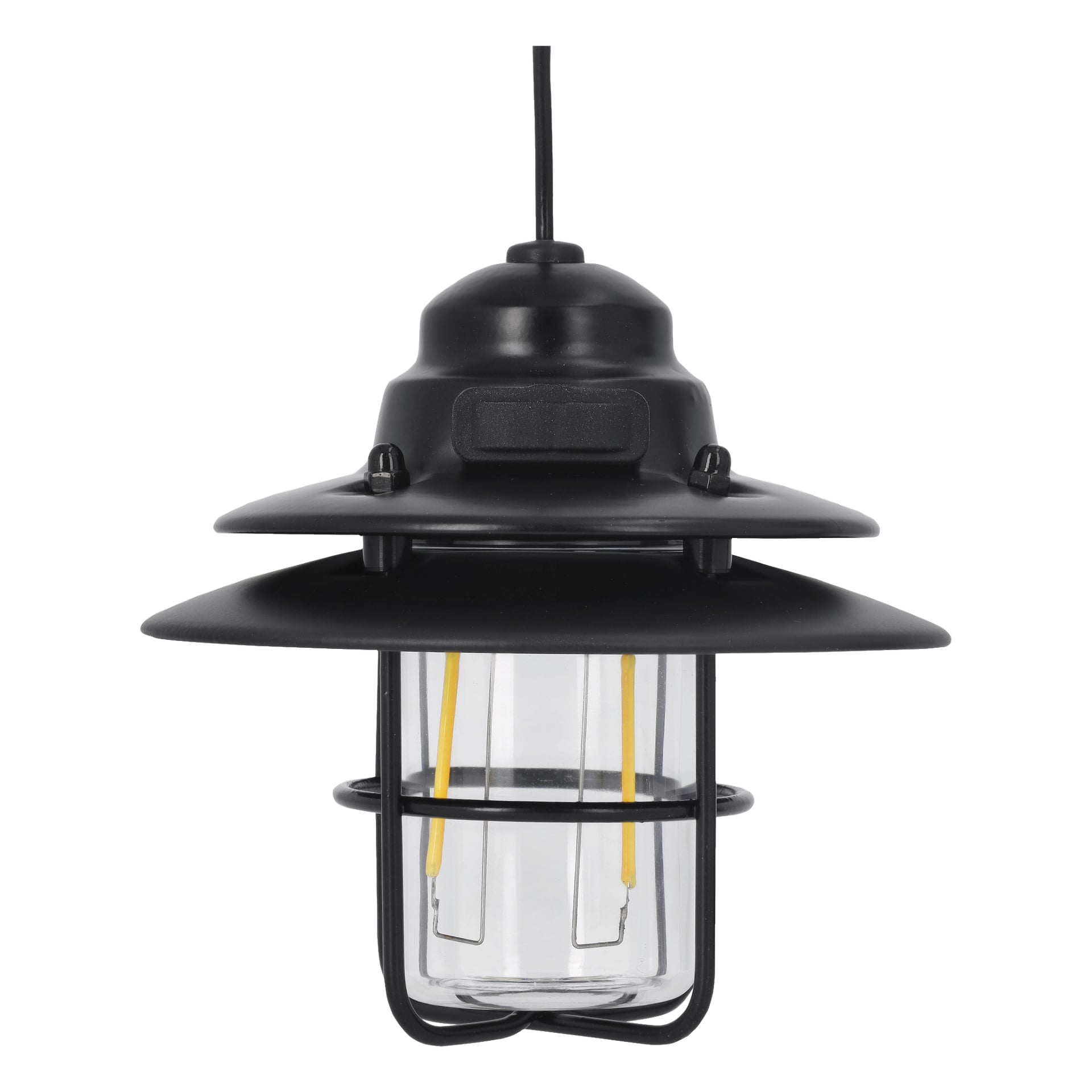 Kayoba uppladdningsbar campinglampa med rundad topp, transparent glashölje och en svart metallbur som skyddar lampan. Lampan hänger i en enda sladd.