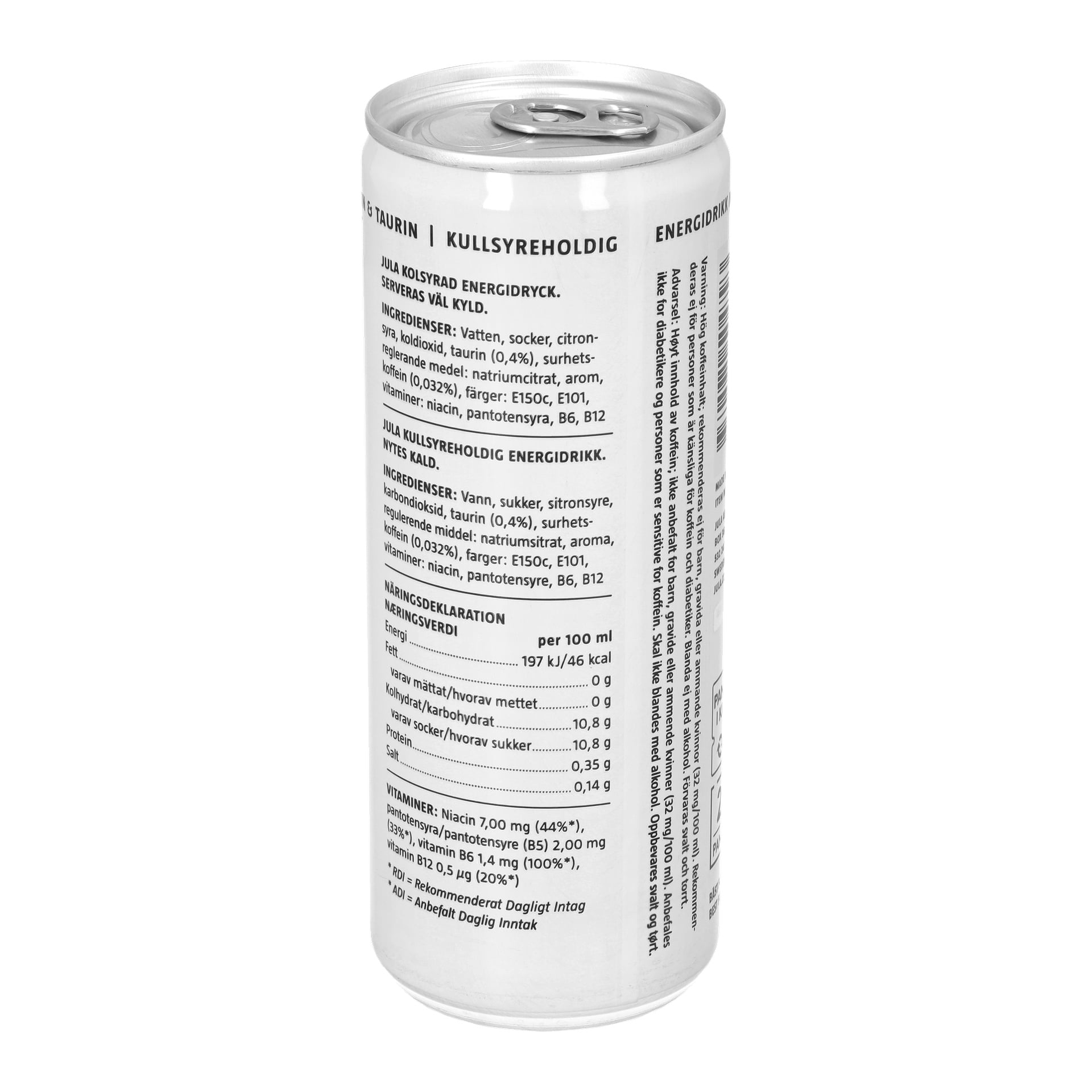 En hög, smal burk Jula Energy drink Original med detaljerad tryckt text som listar ingredienser, näringsvärden och serveringsförslag. Den vita burken har svart text och visar inga synliga logotyper eller extra varumärke.