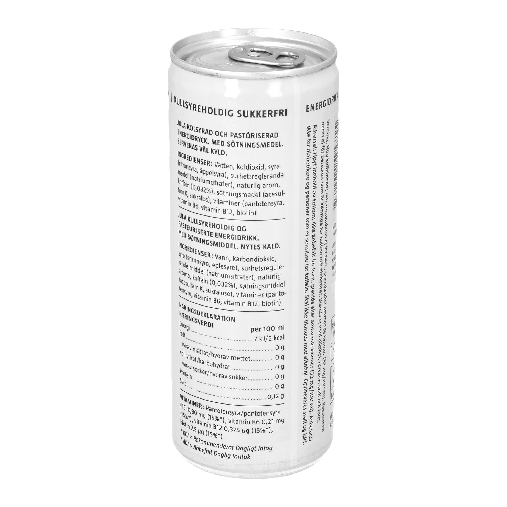 En silverburk Jula Energy drink Sugarfree med svart text som listar ingredienser, näringsfakta och serveringsinstruktioner. En streckkodsetikett syns på högra sidan av burken.