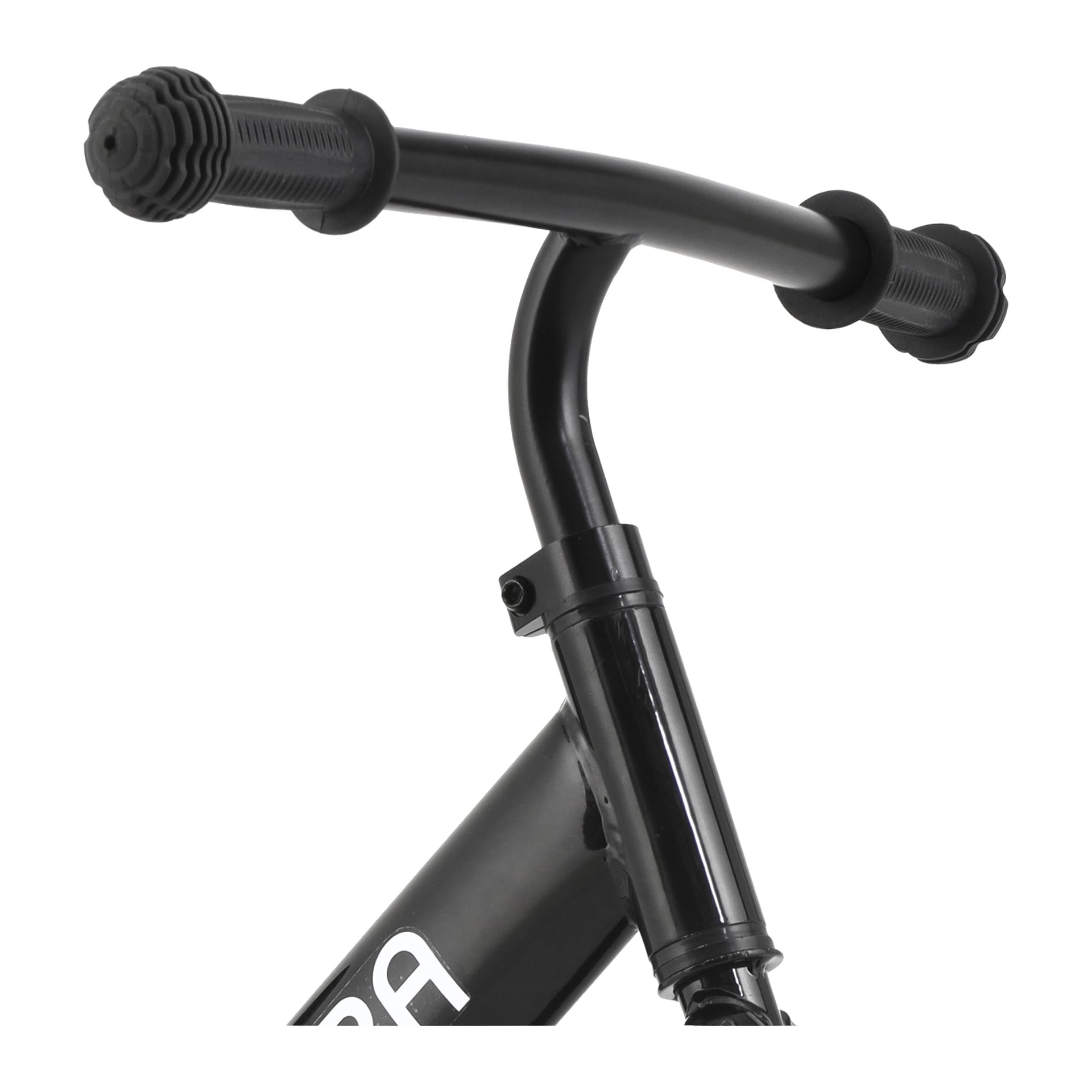 Närbild på Kayoba Balance-cykelns svarta styre med texturerade gummigrepp på båda sidor, kopplade till cykelns främre styrstäv.