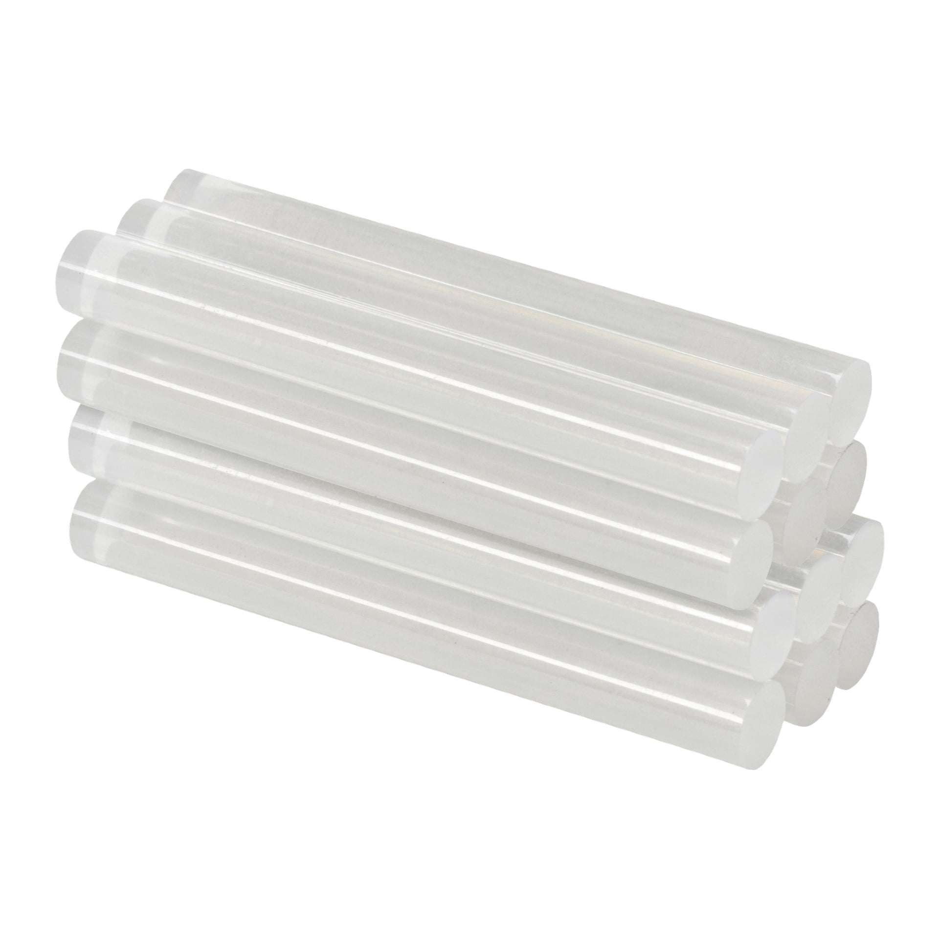 Tolv släta, klara Meec Tools-limstift från ett 12-pack är arrangerade i två lager. Dessa halvtransparenta, cylindriska pinnar med rundade ändar används vanligtvis som lim i limpistoler.
