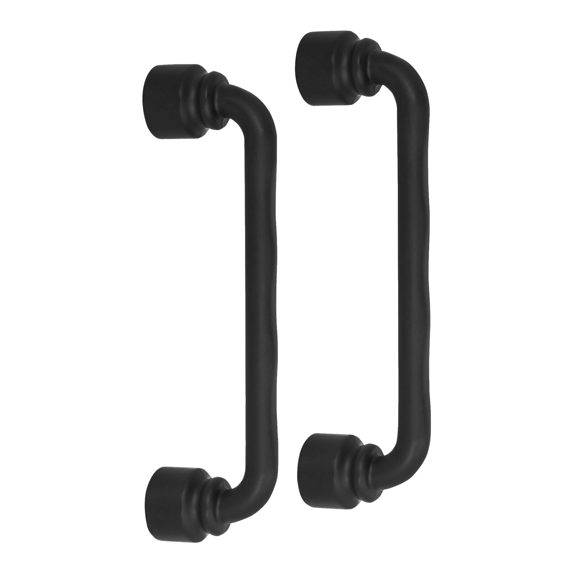 Zwei schwarze Hard Head Cabinet-Griffe (2erpack) mit abgerundeten Enden und einem sanft welligen Griff sind vertikal nebeneinander präsentiert.