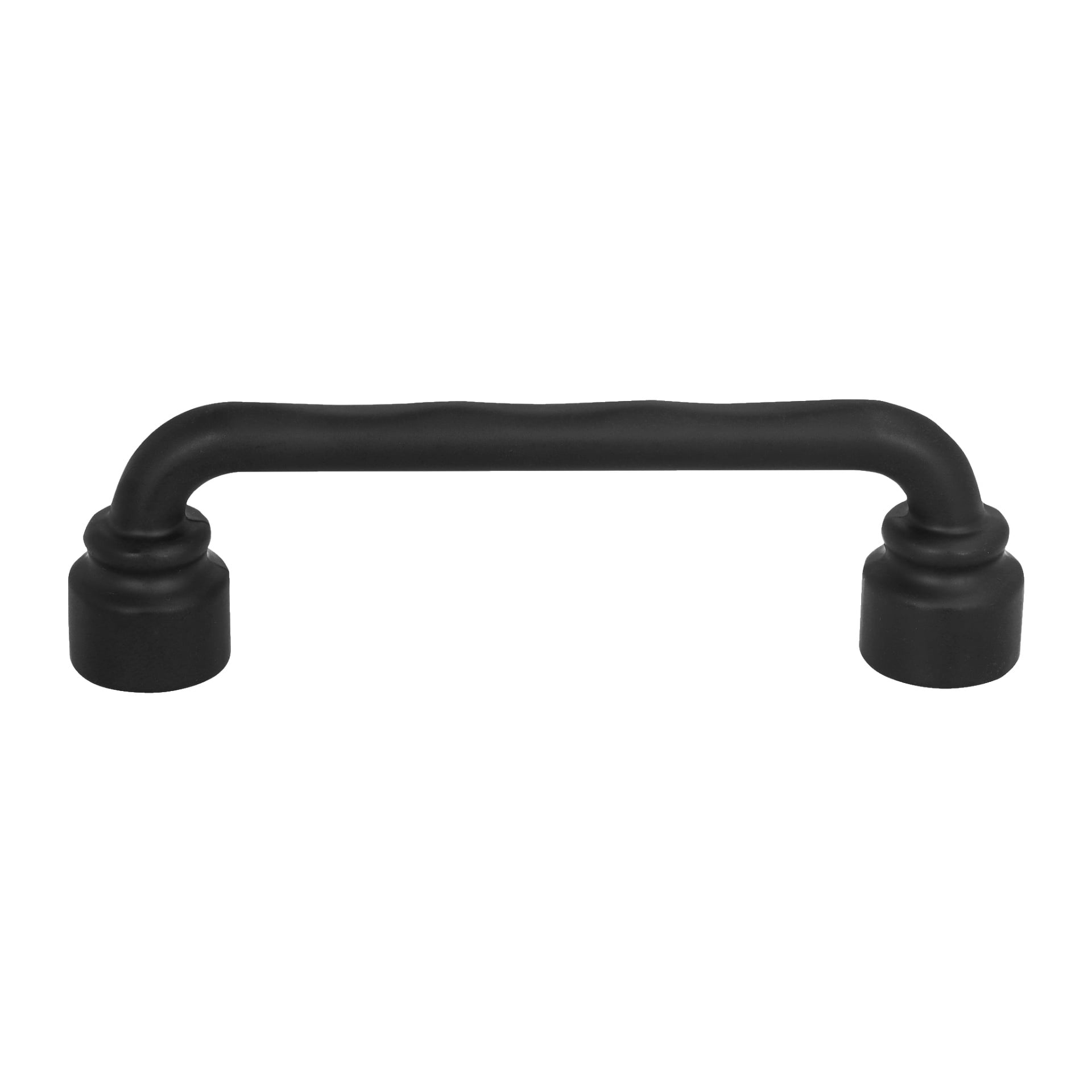 Der Hard Head Cabinet-Griff, schwarzes 2-Pack, hat einen sanft gebogenen, strukturierten Griff und zwei zylindrische Basen mit einer glatten schwarzen Metalloberfläche.