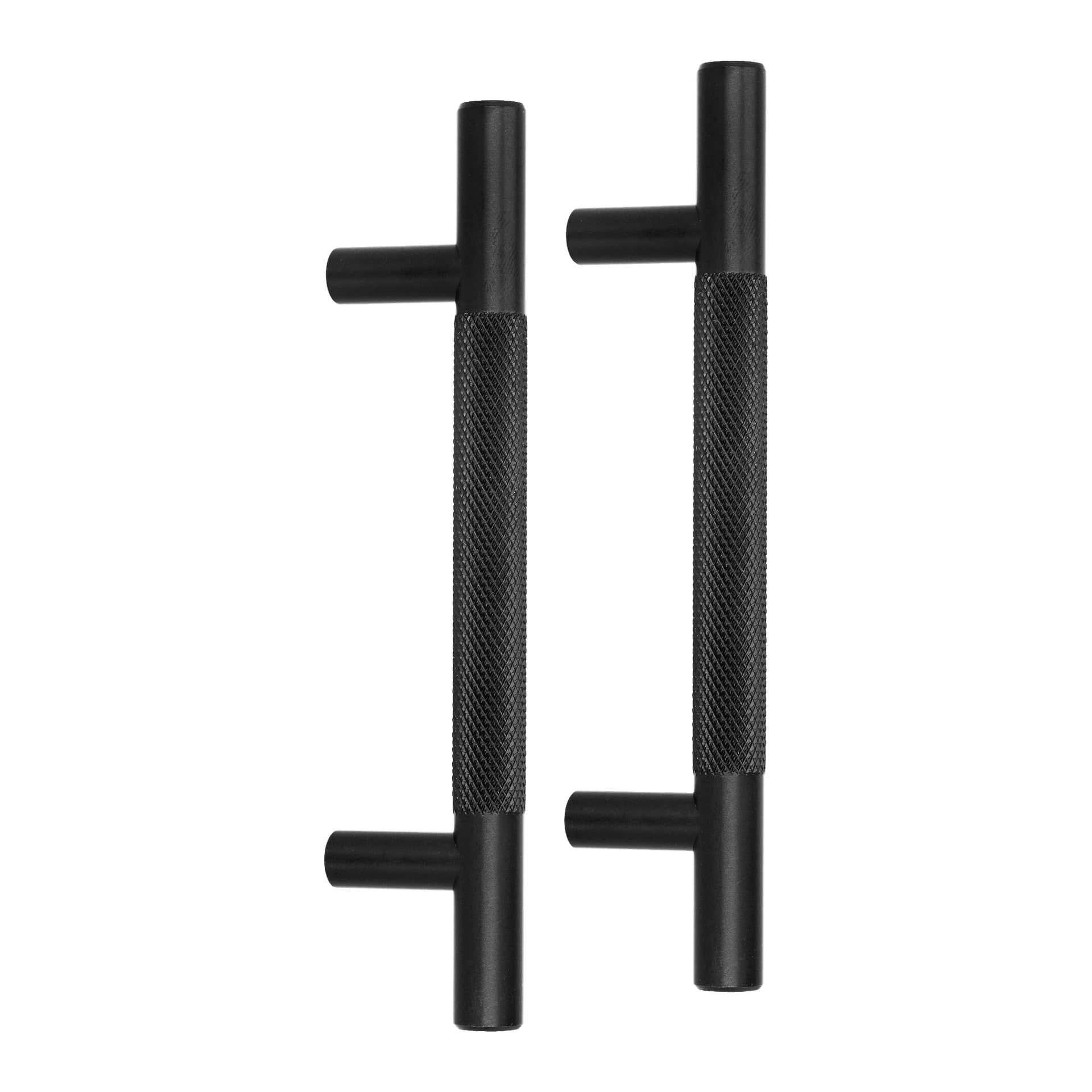 En svart 2-pakning med Hard Head Cabinet-håndtak, hver med sylindrisk metallform og teksturerte riflede seksjoner for bedre grep, sammen med sidegrep for bedre håndtering, vist i en vertikal oppstilling.