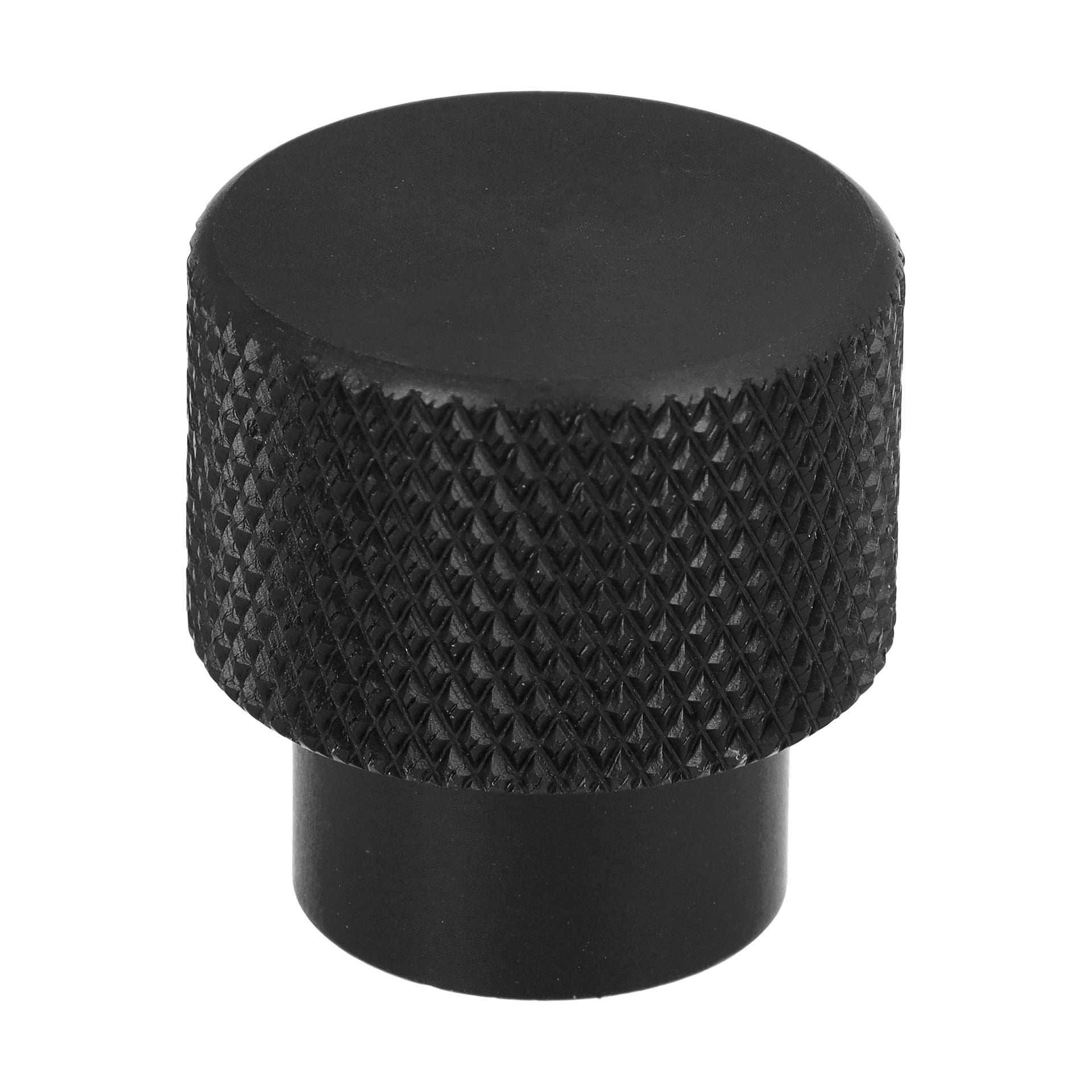 En 2-pakning med Hard Head Knobs, som viser svarte sylindriske metallknotter med diamantmønstrede teksturerte sider og flate, glatte topper.