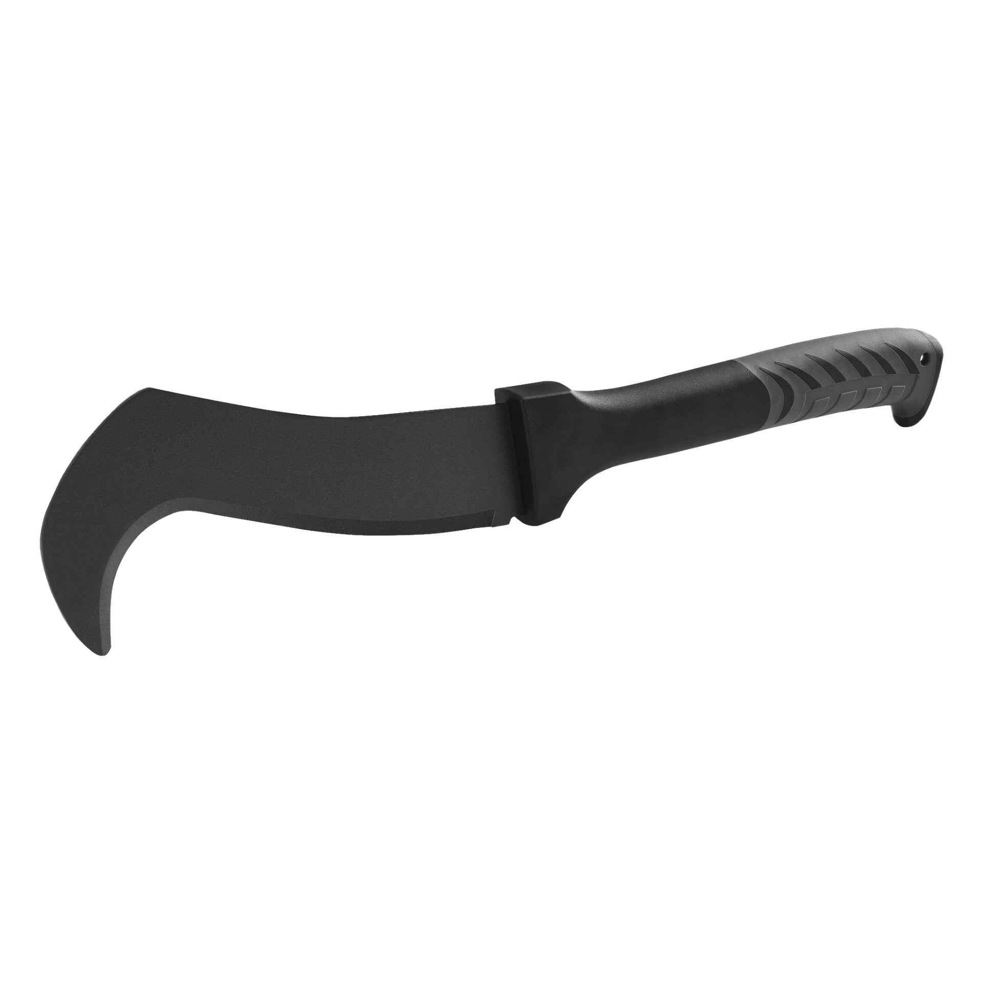 En Hard Head Clearing-kniv med ett böjt, krokigt svart blad och ett svart handtag med texturering.