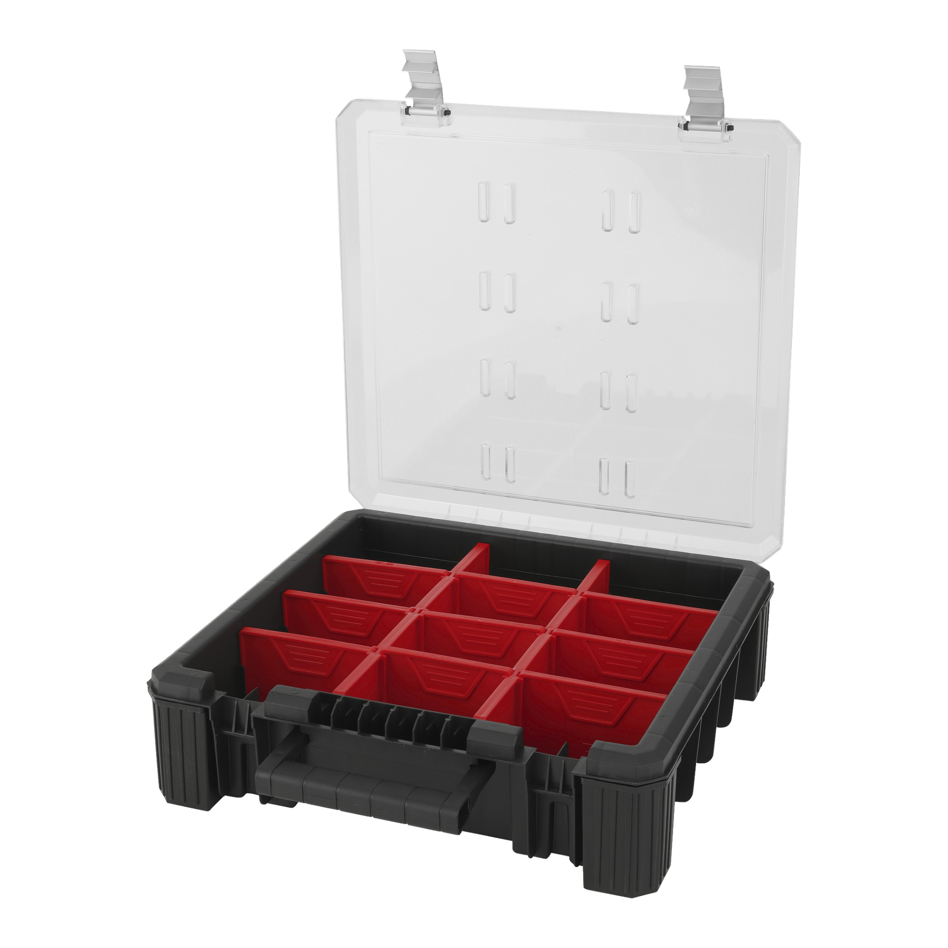 Otwarte pudełko Meec Tools Assortment zawiera dwanaście czerwonych przegródek. Ma solidne czarne plastikowe korpusy, przezroczystą pokrywę, wzmocnione narożniki i czarną rączkę.