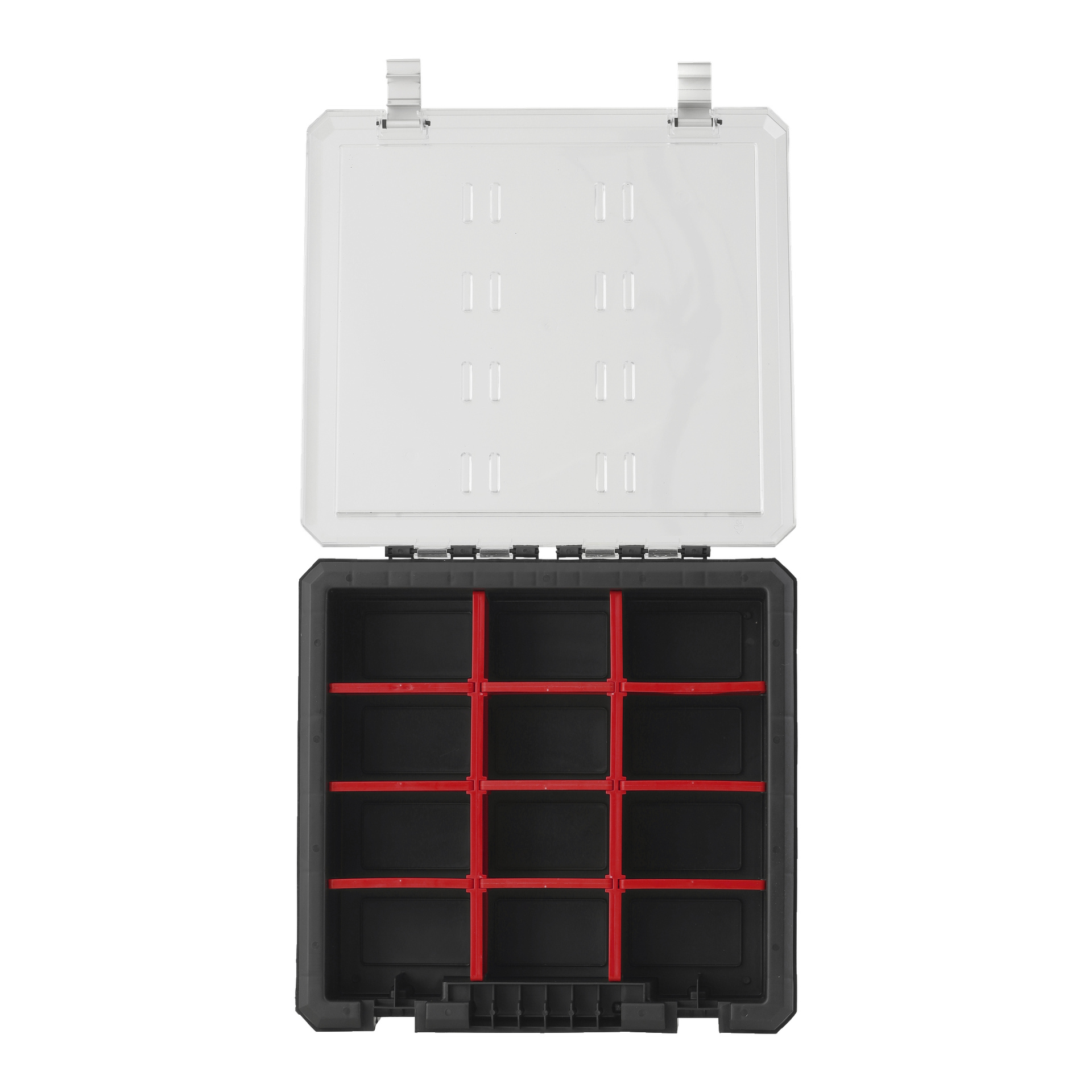 Pudełko Meec Tools Assortment składa się z 12 przegródek, z przezroczystą pokrywką, czarną podstawą i czerwonymi przegrodami tworzącymi siatkę 3x4. Otwarty plastikowy organizer jest pokazany z góry.