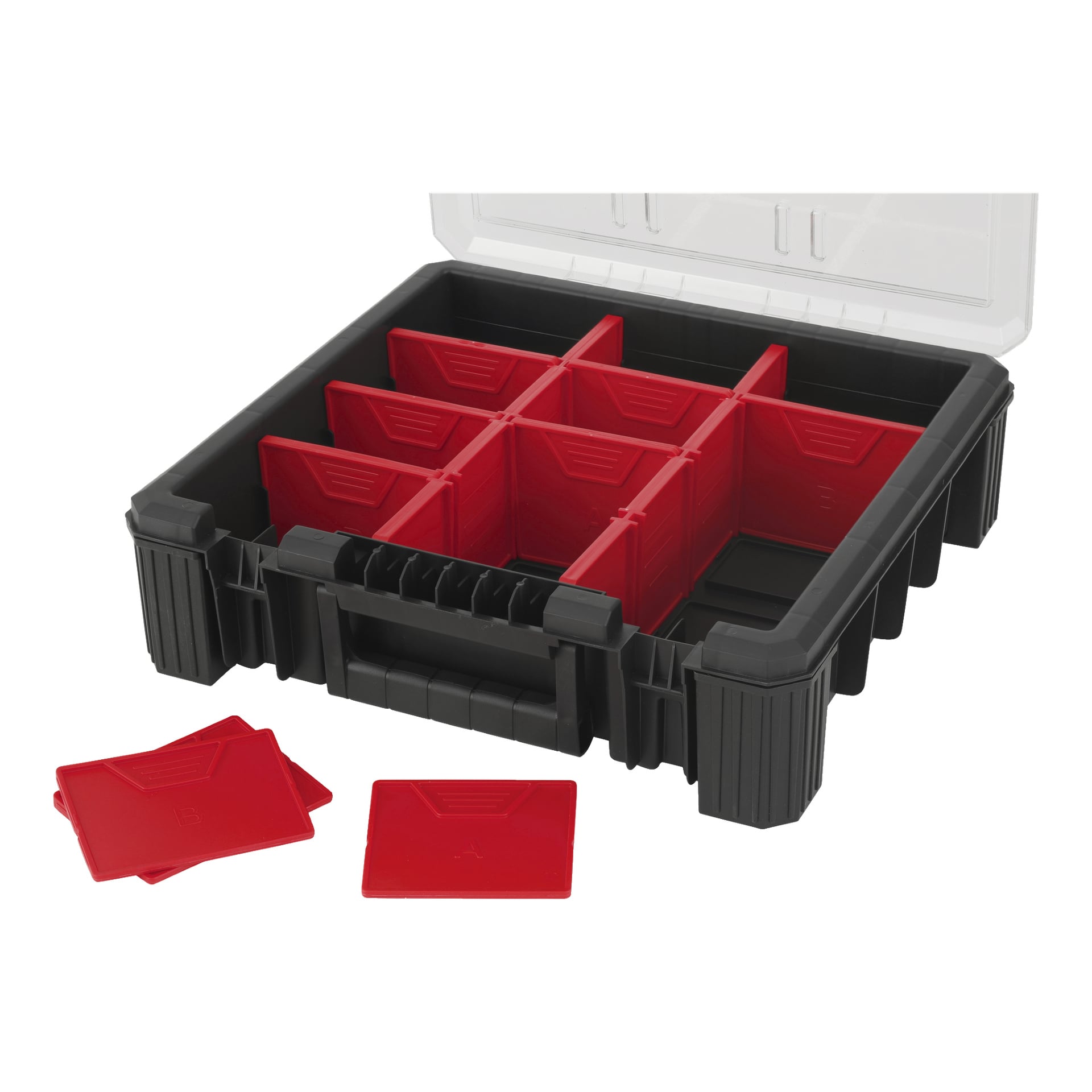 Czarne plastikowe pudełko Meec Tools Assortment z przezroczystą pokrywką i regulowanymi czerwonymi przegrodami tworzącymi 12 przegród; Cztery czerwone panele rozdzielające są umieszczone przed pudełkiem.