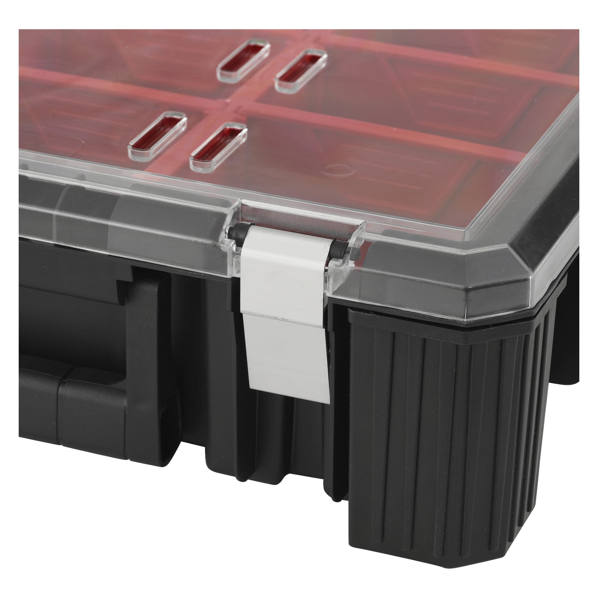 Zbliżenie pudełka Meec Tools Assortment z 12 przegródkami, ukazujące trwałą czarną podstawę, przezroczystą pokrywkę, biały zatrzask i czerwone części w środku — idealne do starannego porządkowania małych narzędzi lub przedmiotów.