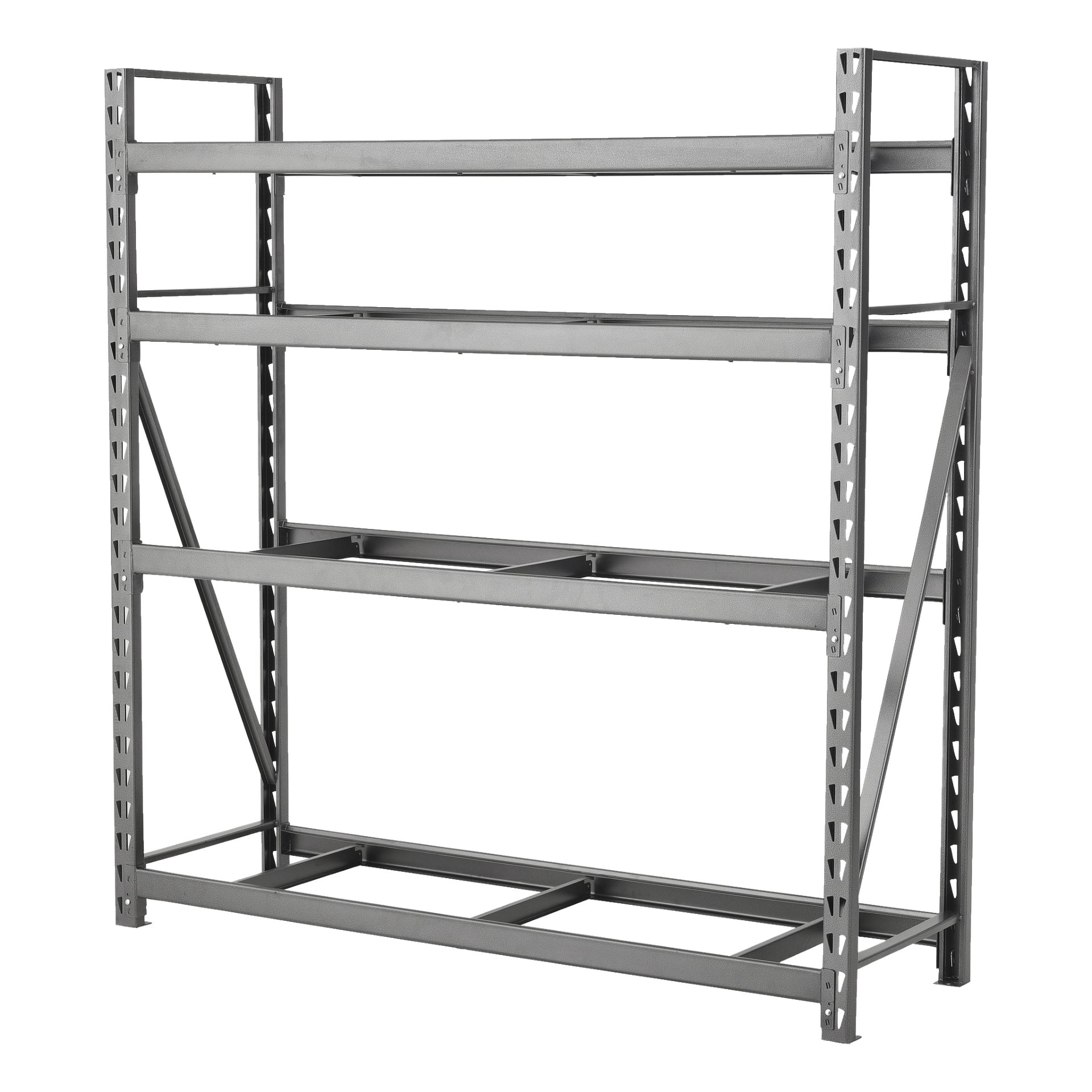 En metallhylleenhet fra Hard Head Steel Shelf Base Unit Modular Storage System har fire ubrukte horisontale hyller, åpne sider og en robust stålramme med fremtredende støttebraketter, noe som gjør den egnet for lagerrom eller lager.