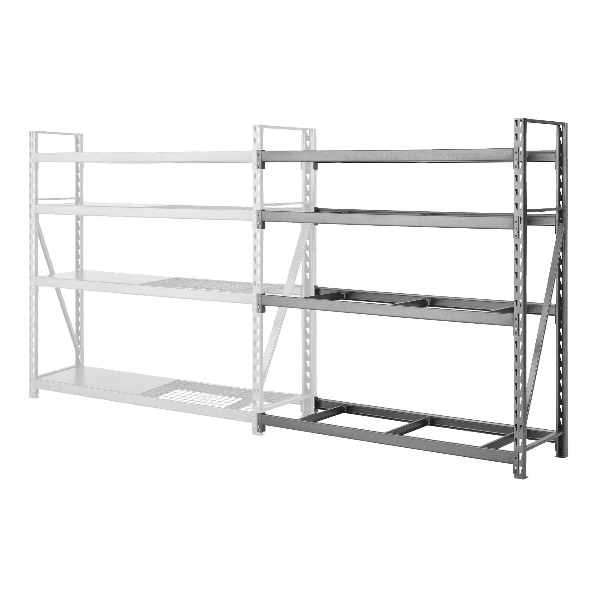 Ett delvis byggt Steel Shelf Extension Modular Storage System från Hard Head står med fyra synliga hyllor. Den vänstra delen ser blekt ut för att framhäva sitt ofärdiga tillstånd, medan den högra sidan tydligt visar hyllorna och den starka ramen.