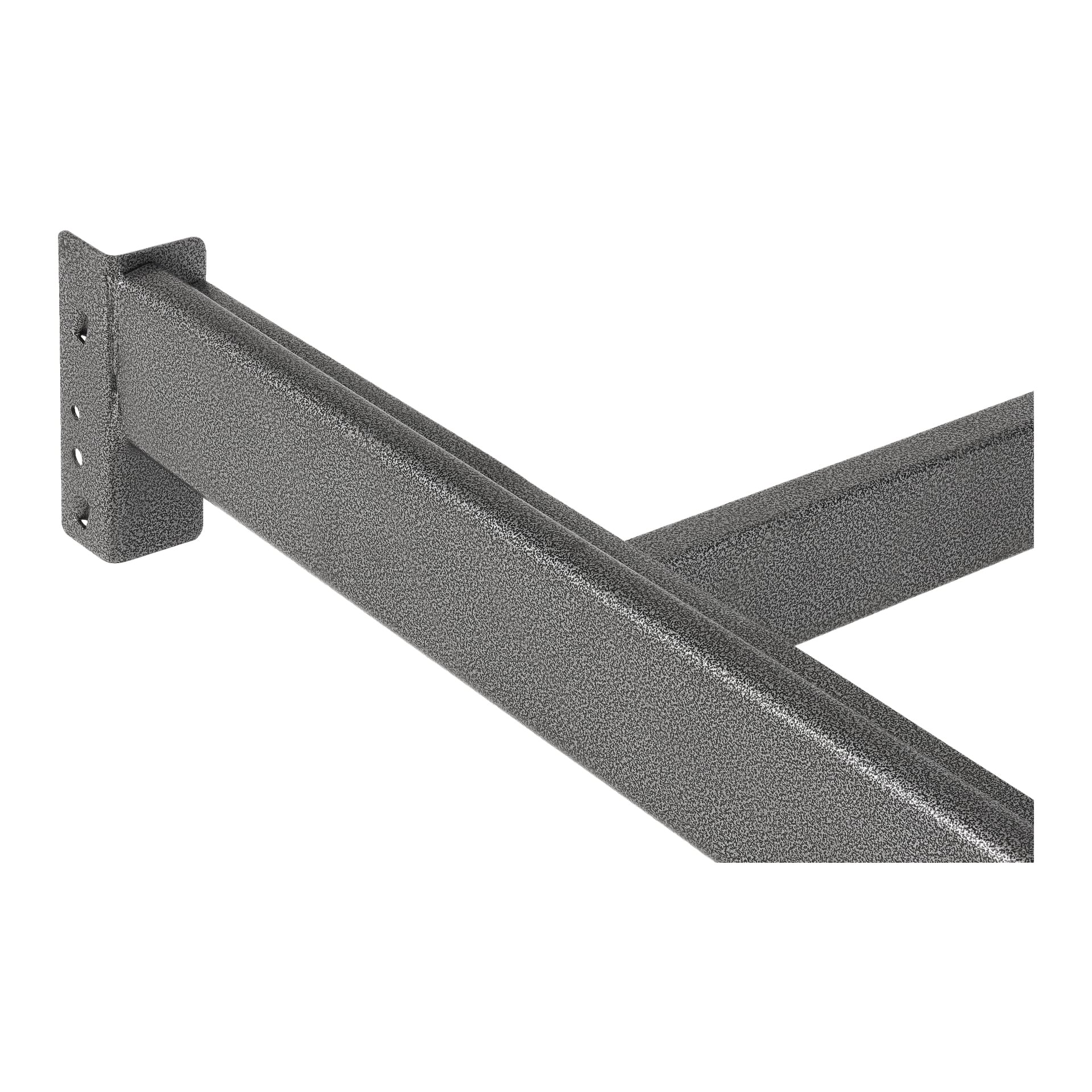 Närbild på en grå, texturerad metallram från Hard Head Pair of Balkar för det extra hyllan Modular Storage System, som framhäver ett platt monteringsfäste med flera bulthål designade för säker fäste.