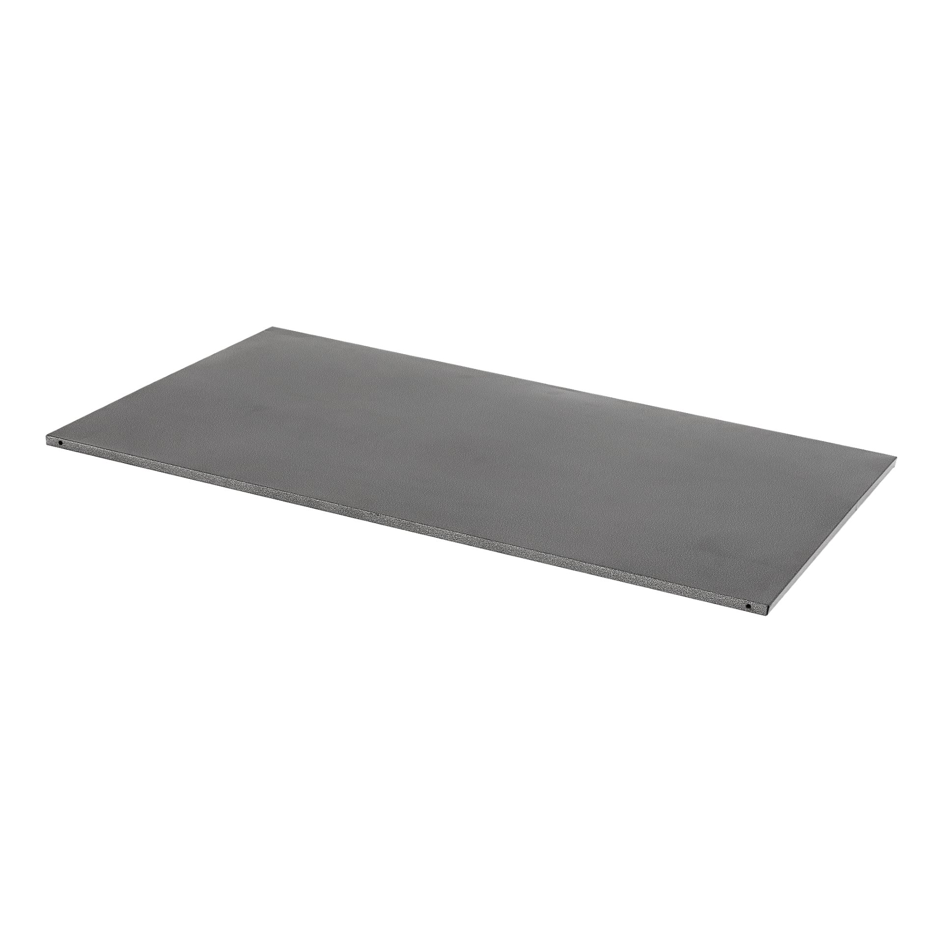 Ett platt, rektangulärt grått metallföremål från Hard Head Shelf Modular Storage System har en slät matt finish, precisa kanter och två små hål längs ena sidan.