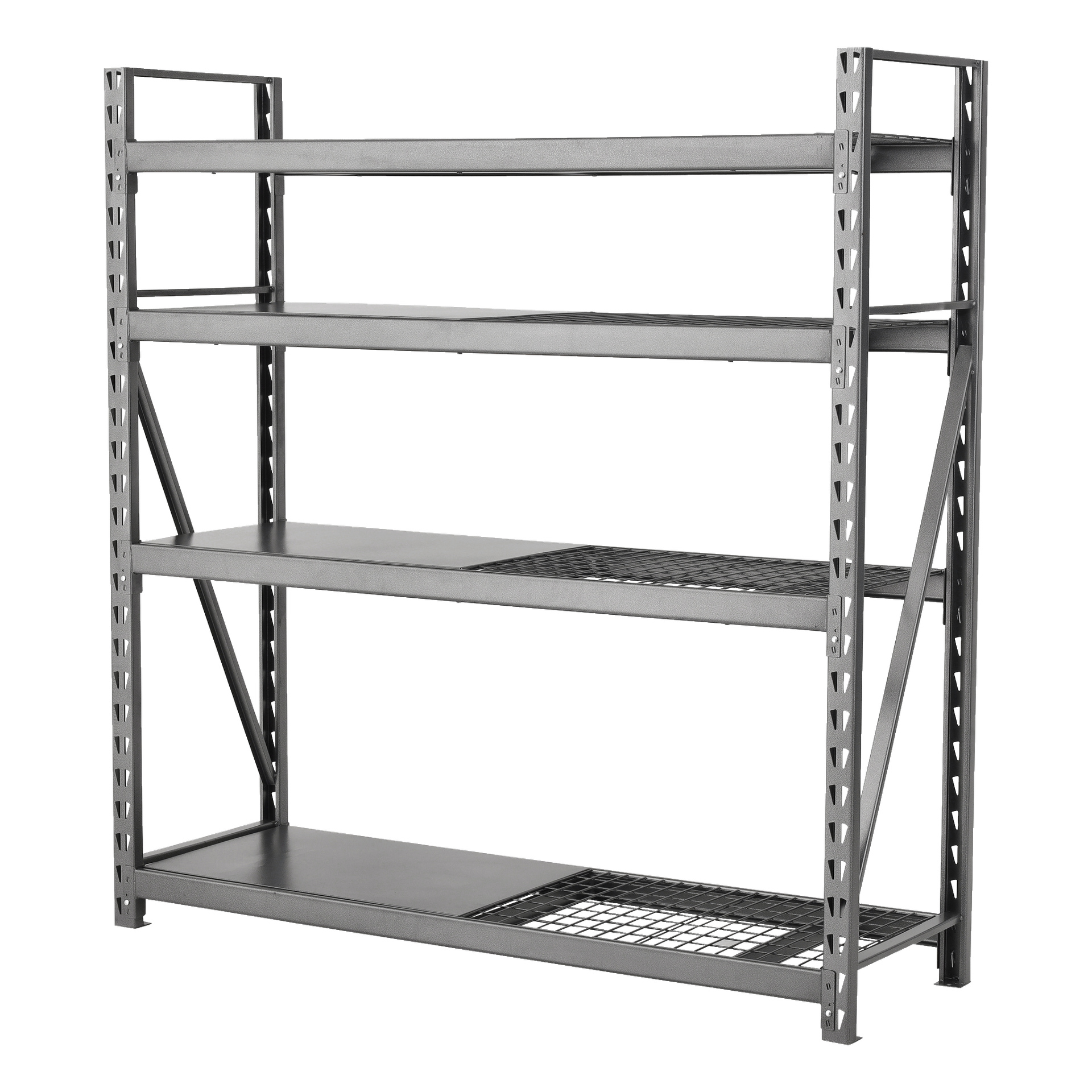 Hard Head Shelf Modular Storage System är en robust metallorganisatör med öppen ram, inklusive två näthyllor och två solida hyllor, idealisk för att hålla garage eller lager prydliga.