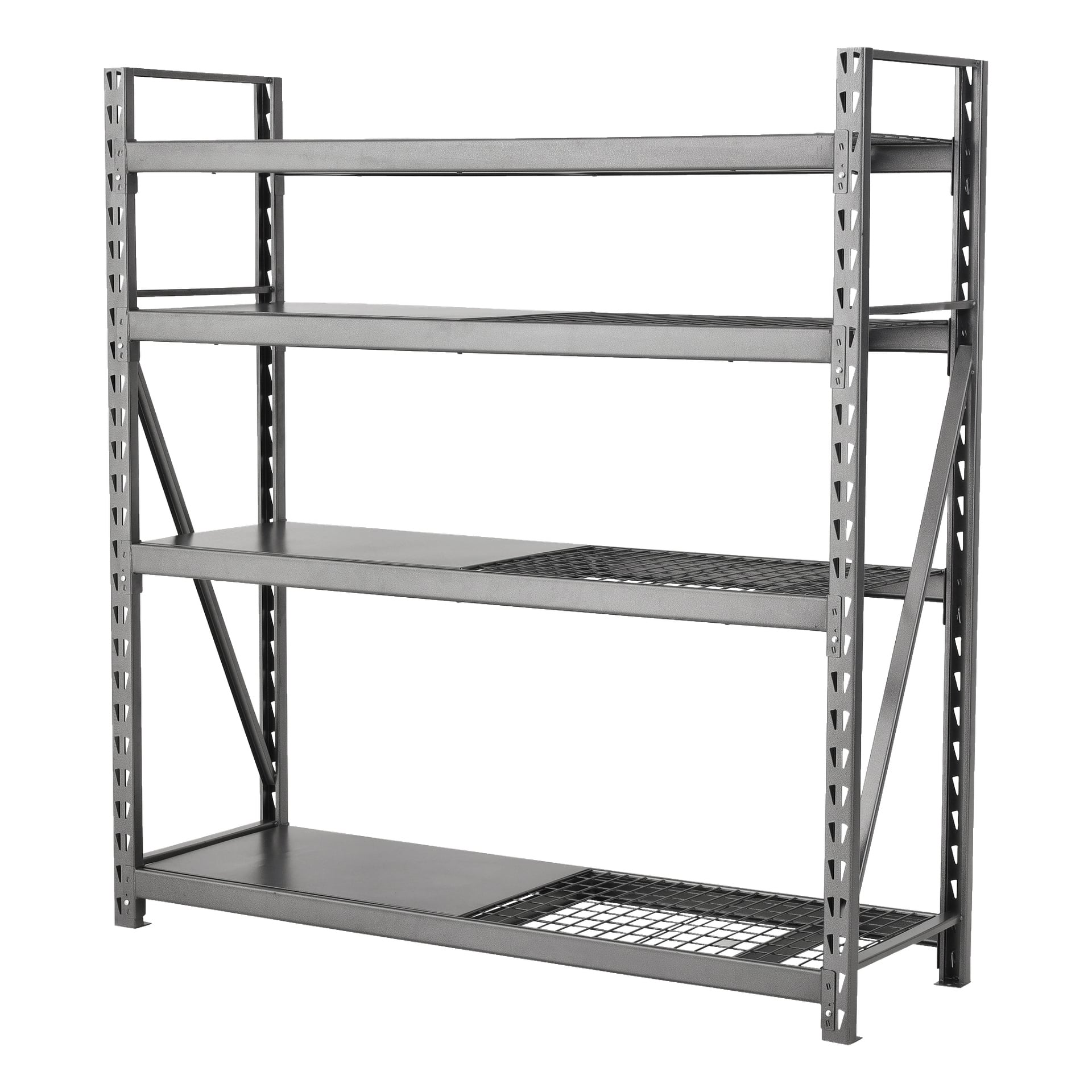 Hard Head Wire Shelf Modular Storage System består av en robust grå metallram med öppna sidor och inkluderar fyra hyllor, som kombinerar både solida och rutmönster, perfekt för att förvara olika föremål i garage eller lager.