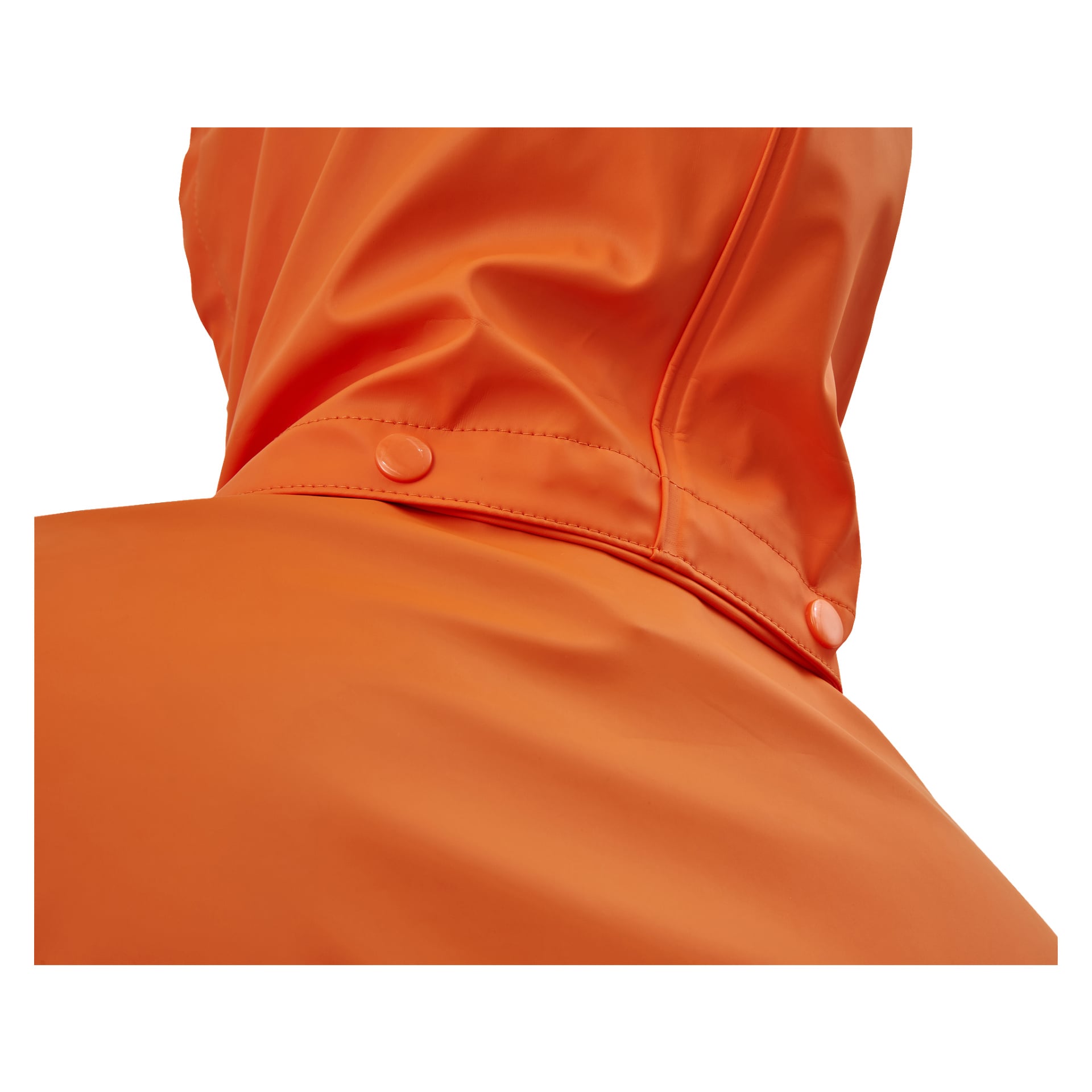 Detaillierte Ansicht der orangefarbenen Bluewear Regenanzugkapuze von hinten, die zwei Knöpfe und sichtbare genähte Nähte auf einem glänzenden, wasserdichten Stoff hervorhebt.