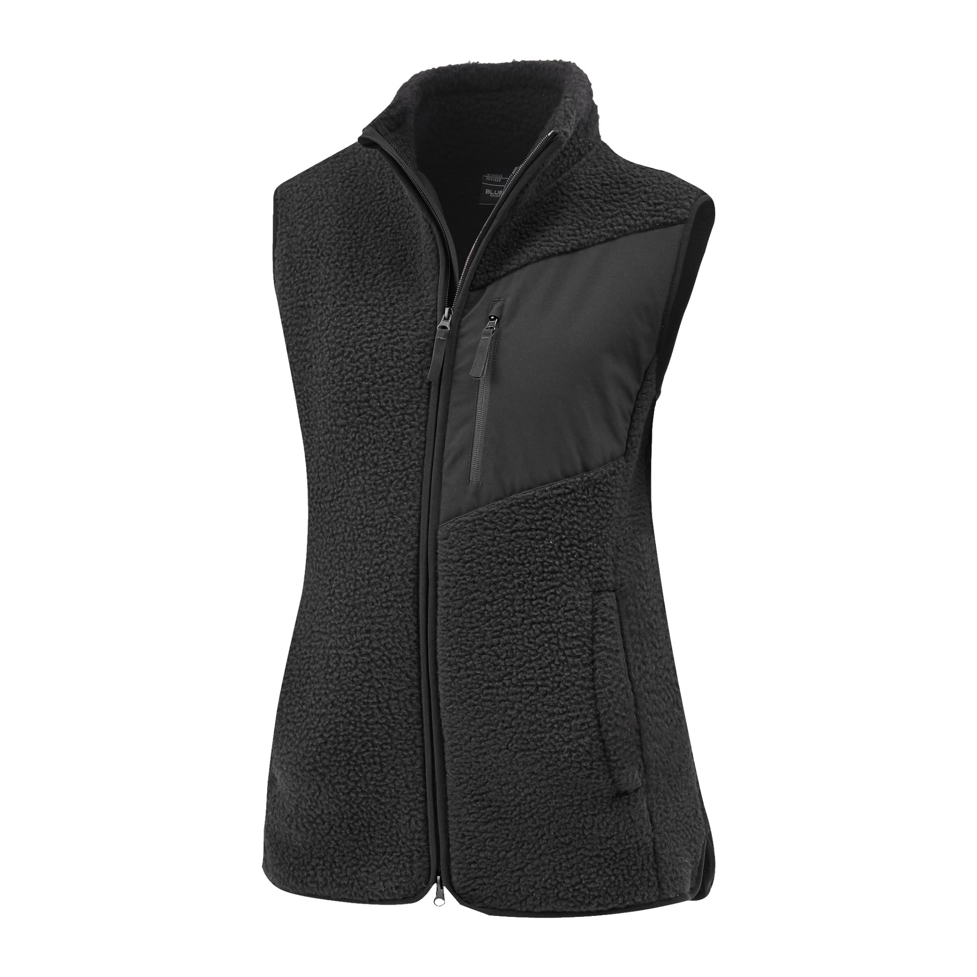 Bluewear Women's Pile Vest Vivi är en ärmlös svart fleeceväst med hellång dragkedja fram, en ficka med dragkedja på bröstet och två sidofickor. Dess texturerade fleecematerial kombineras med slanka, förstärkta paneler på bröst och axlar för att öka hållbarheten.