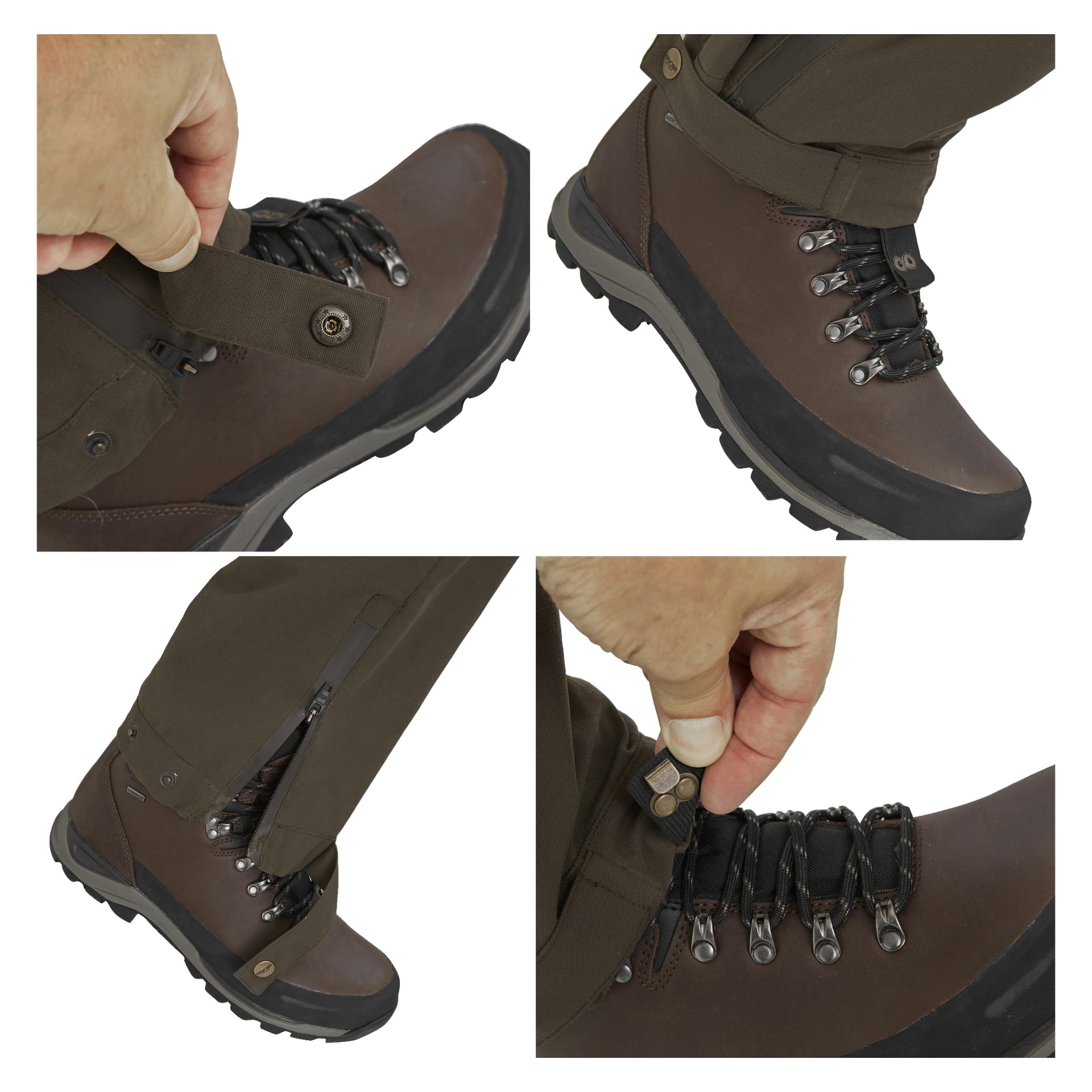 En serie om fyra bilder visar en person som bär Kayoba Outdoor Men's jaktbyxor Cannock Superior över bruna vandringskängor. Personen justerar passformen genom att fästa en rem och knapp på sidan och framsidan, och använder händerna för att fästa byxbojornas manschetter ovanför skosnören.