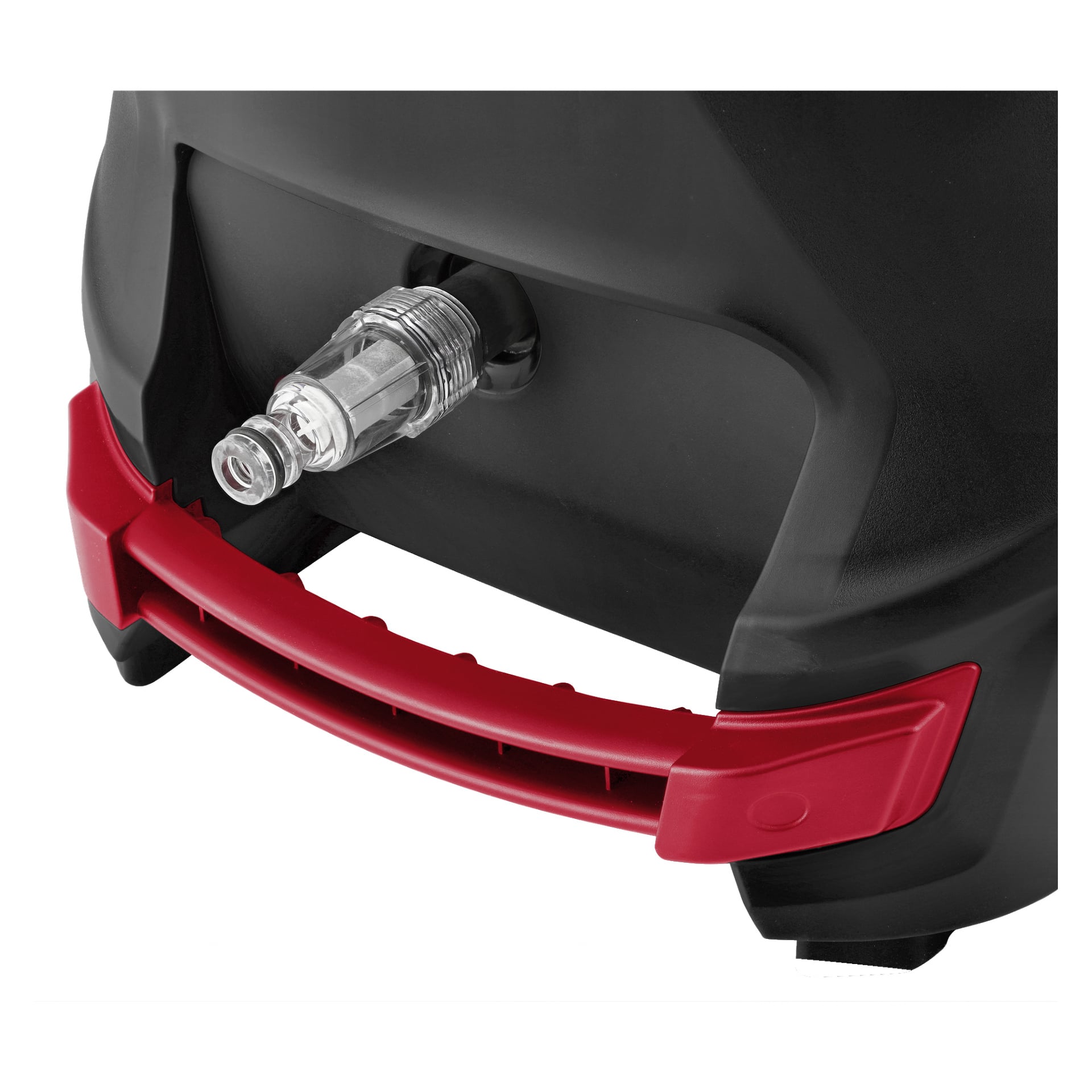 Närbild på en högtryckstvätt från Meec Tools med en svart plastbehållare och en transparent pip ovanför det röda handtaget, designad för enkel transport och hällning av vätskor.
