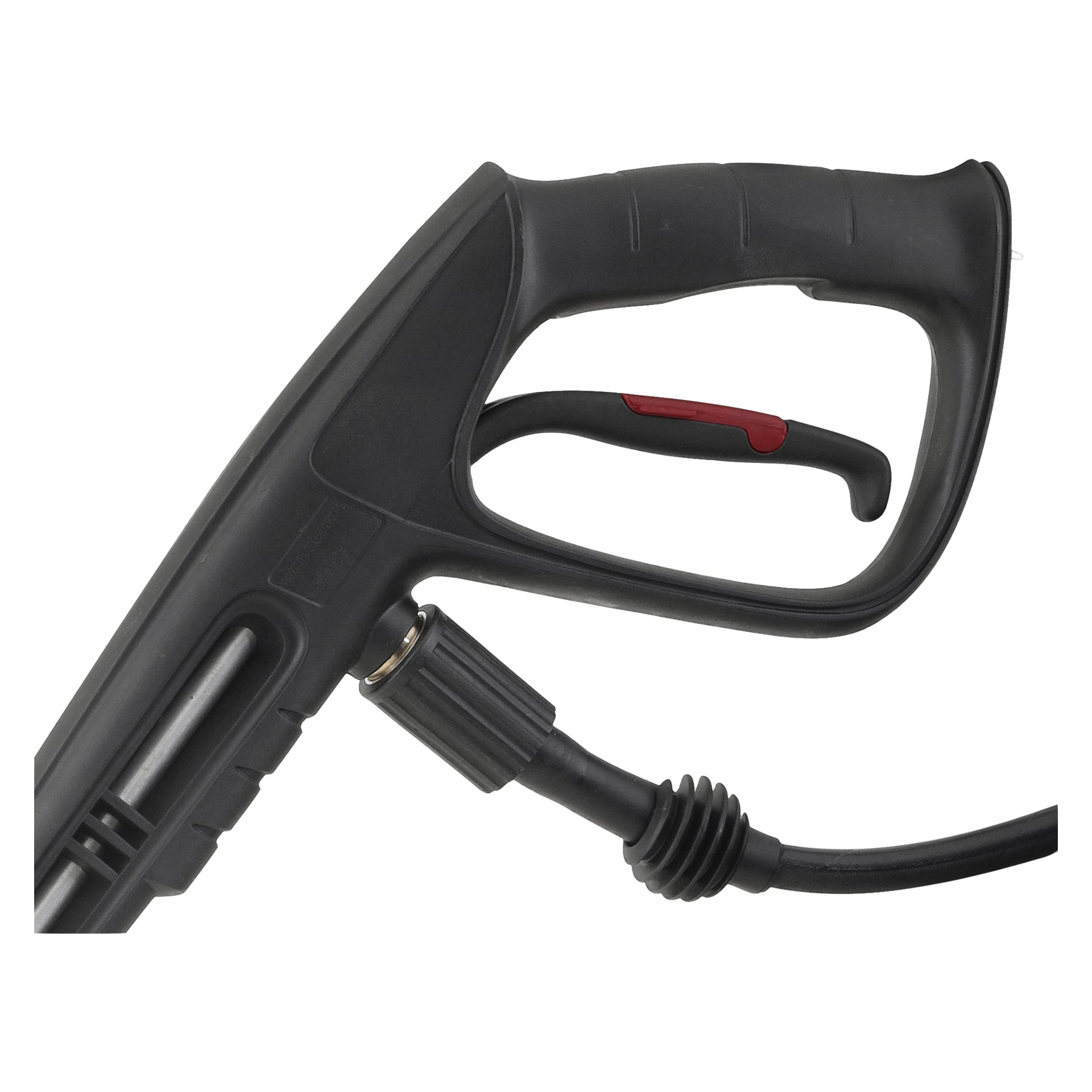 Närbild av ett svart handtag på en svart Meec Tools högtryckstvättsspraypistol, som framhäver den röda avtryckaren och slangkontakten, med betoning på grepp- och avtryckardetaljer.