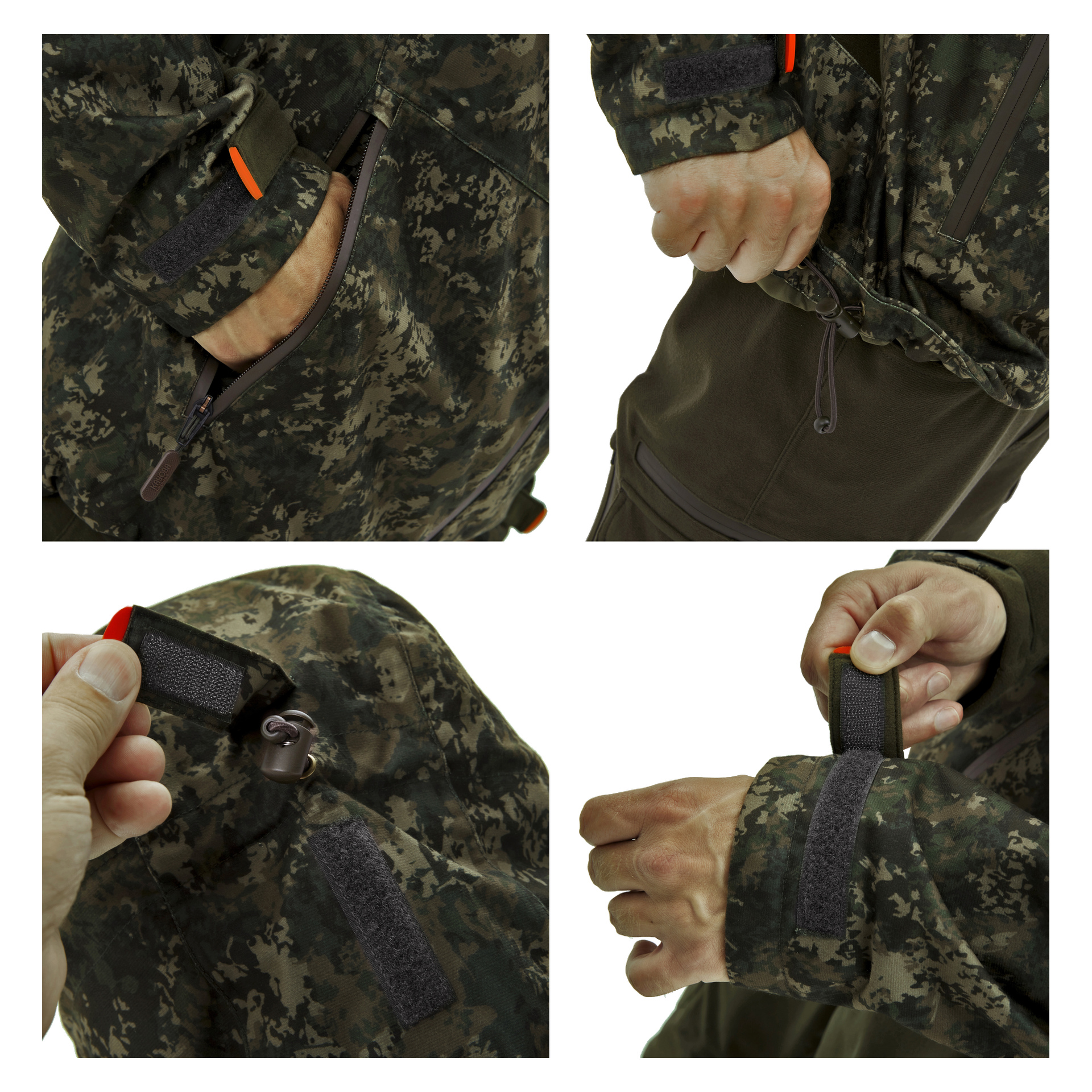 Fyra närbilder visar händer som interagerar med Kayoba Outdoor Men's Cannock Camo jaktjacka: dra ner en ficka, dra åt midjesnören, justera huvan och fästa en manschett med en krok-och-ögla.