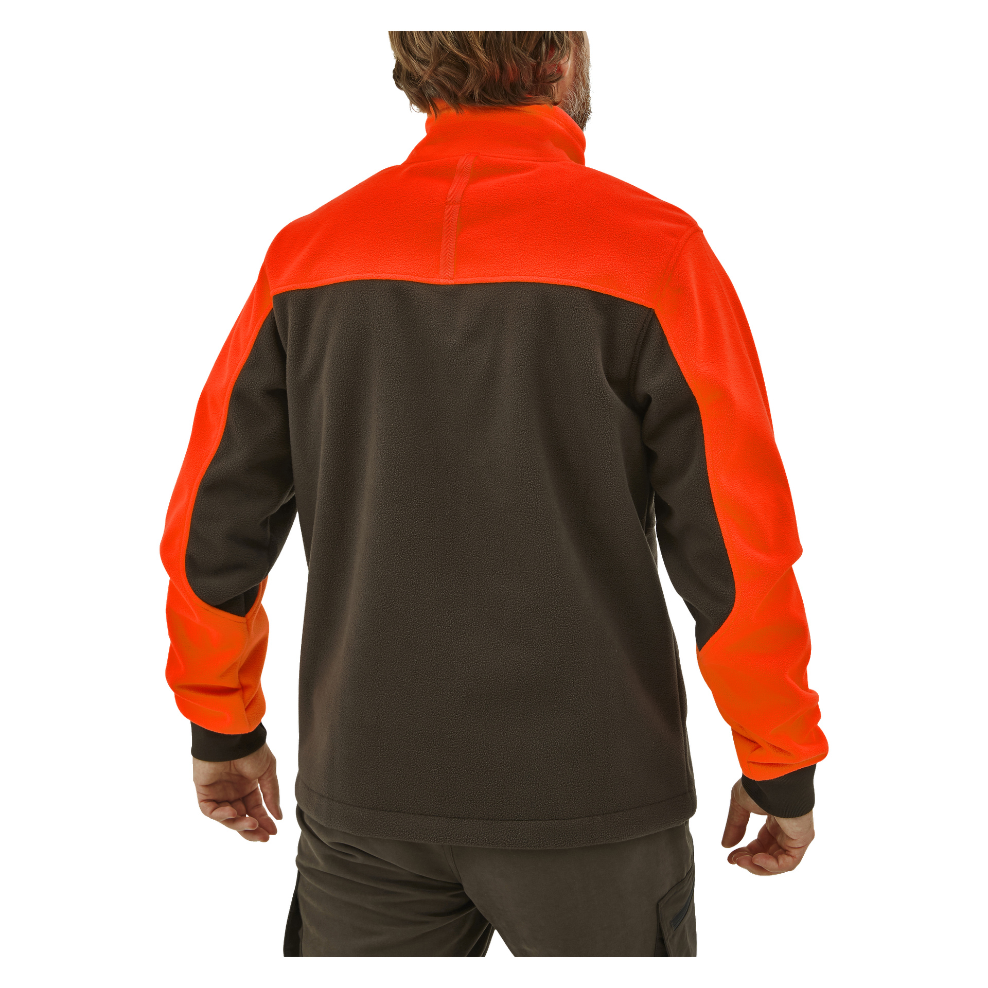 En person med kort brunt hår syns bakifrån, iklädd Kayoba Outdoor Men's vind- och vattentäta fleecejacka Grimsö. Jackan har klarorange ärmar och en orange övre rygg, kontrasterad av en mörkbrun kropp och nedre ärmar.