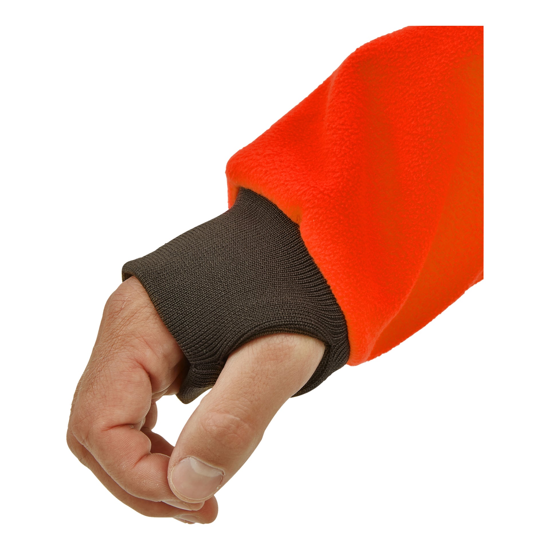 En närbild på en persons vänstra hand som bär herrarnas vind- och vattentäta fleecejacka Grimsö från Kayoba Outdoor, med en orange fleeceärm med brun mudd och tomhål.