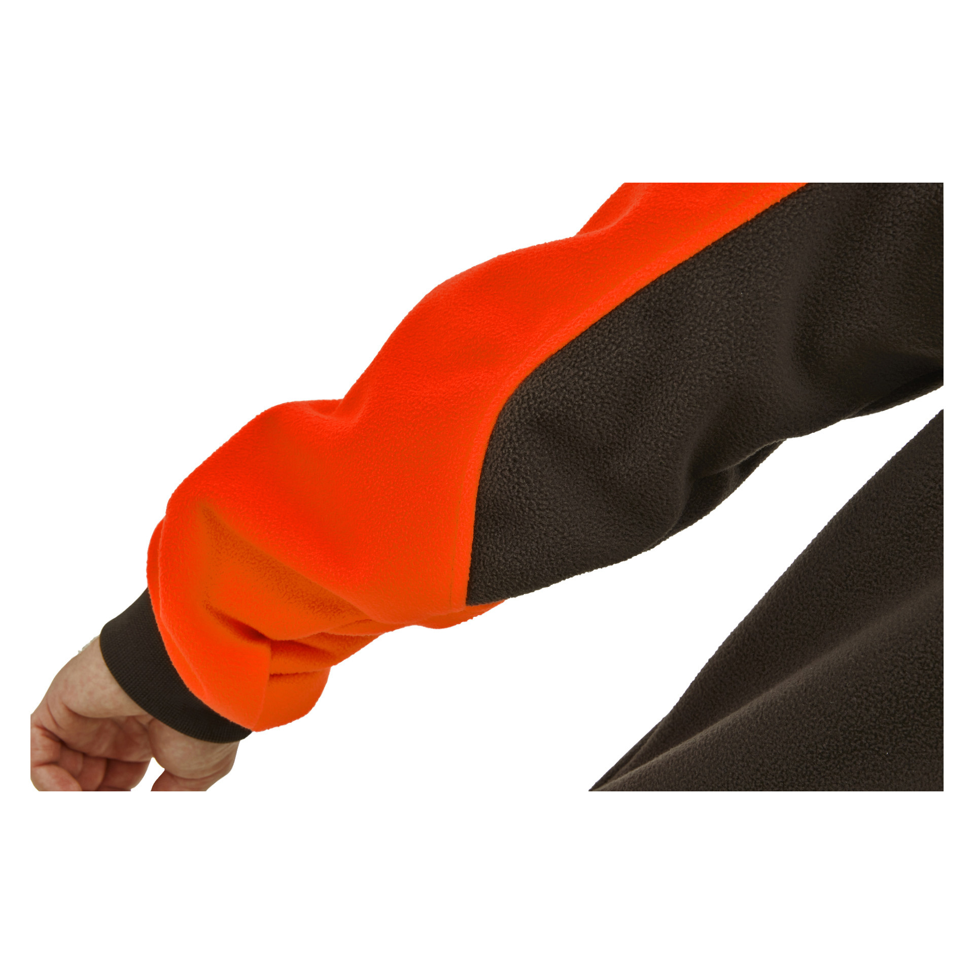 Bilden visar en persons arm i Kayoba Outdoor Men's Grimsö-jacka, som är vindtät och vattentät med klarorange och mörkbruna fleecepaneler. En del av personens hand är synlig på vänster sida.