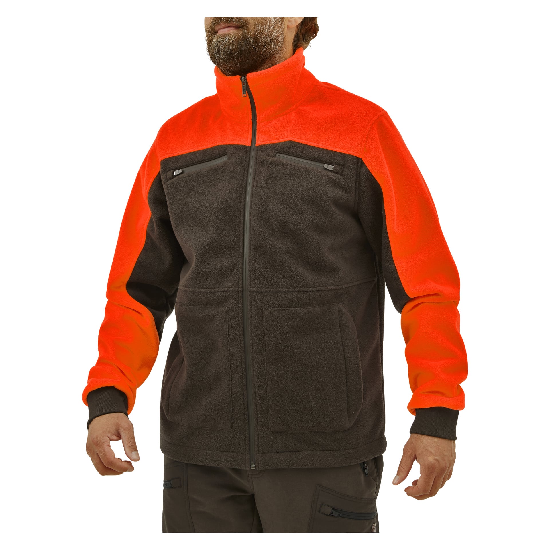 En skäggig man bär Kayoba Outdoor Men's vind- och vattentäta fleecejacka Grimsö, som har djärva orange axlar och ärmar tillsammans med en mörkbrun kropp, samt bröst- och midjefickor. Fotot visar bara den nedre delen av hans ansikte och hans kropp.