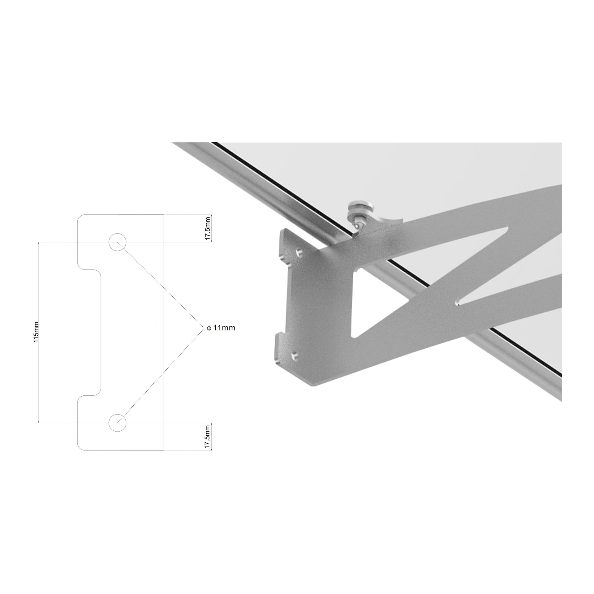 En hård dörrkanopi fäst vid en glasskiva, med en teknisk diagram bredvid som visar fästets mått: 115 mm lång, 179 mm mellan monteringshålen och ett hål på 11 mm i diameter.