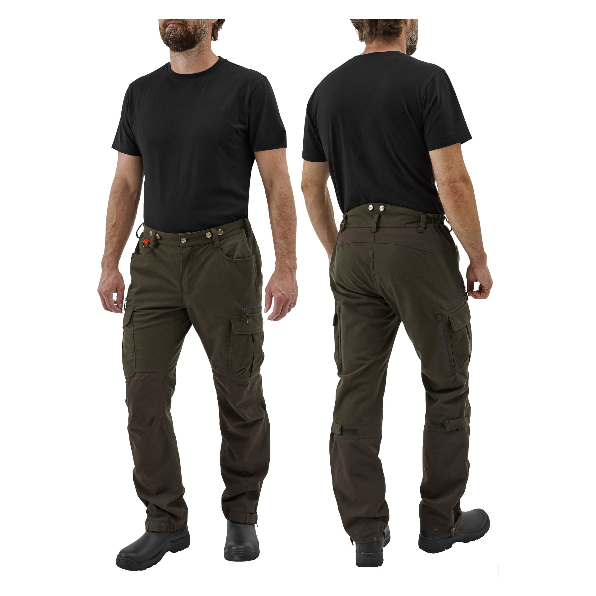En man är avbildad både framifrån och bakifrån, klädd i en svart t-shirt, svarta skor och Kayoba Outdoor Men's Cannock Superior jaktbyxor – detta är mörkolivfärgade arbetsbyxor med förstärkta knän.