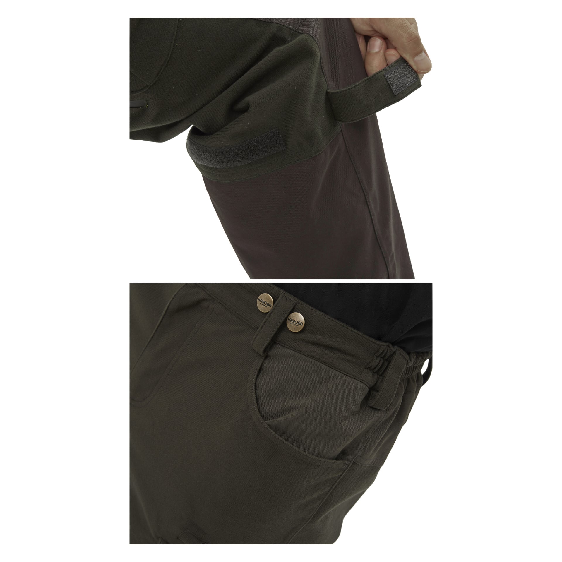 Detaljerad vy av Kayoba Outdoor Men's Cannock Superior jaktbyxor i brunt. Den övre bilden fångar någon som drar åt kardborrebandet på låret, medan den nedre bilden fokuserar på framfickan med ett elastiskt midjeband och en dubbelknappsstängning.
