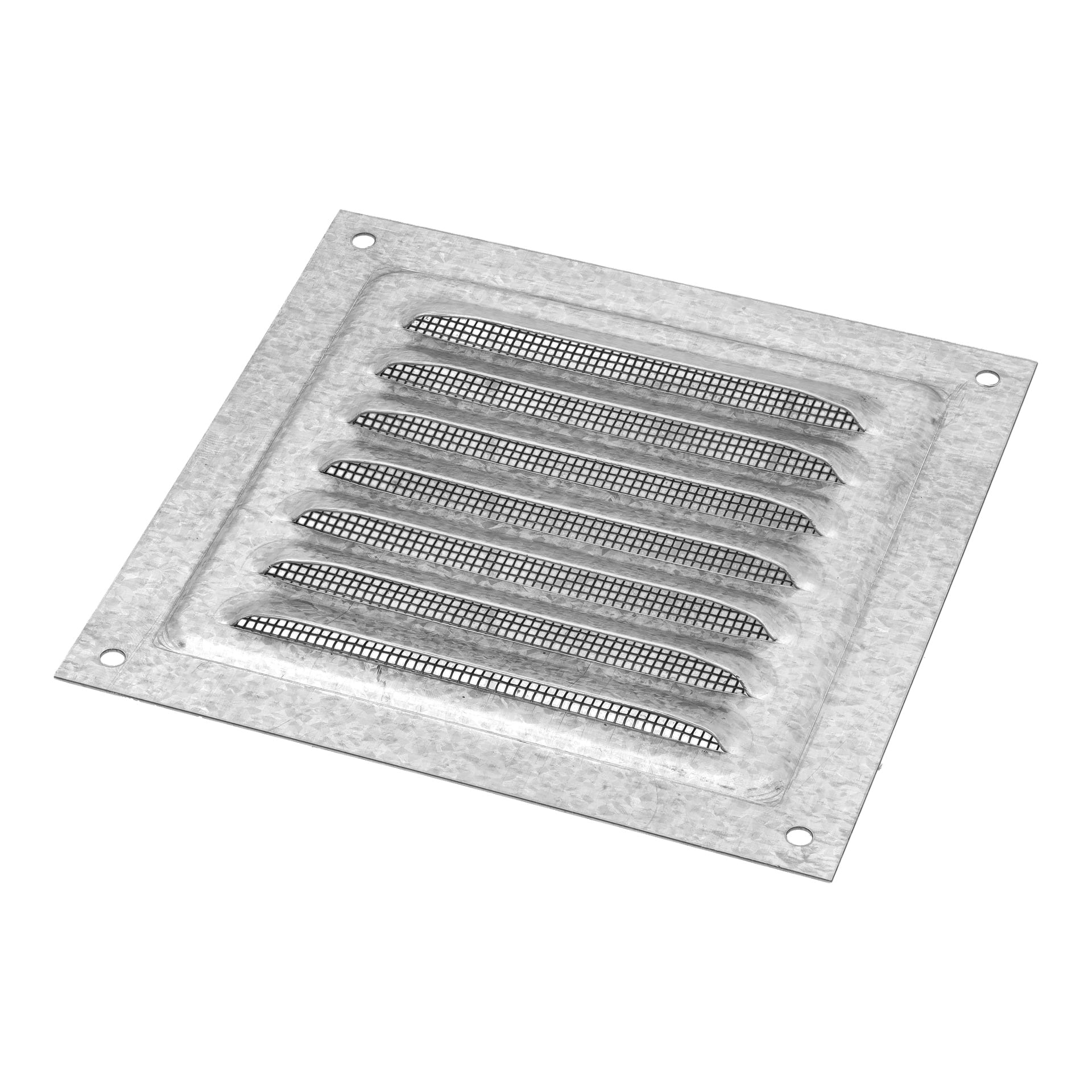 Anslut Ventilator har ett fyrkantigt galvaniserat stålgaller med sex horisontella lameller och trådnät på baksidan. Den har förborrade skruvhål i varje hörn för enkel installation och ses från en hög vinkel.