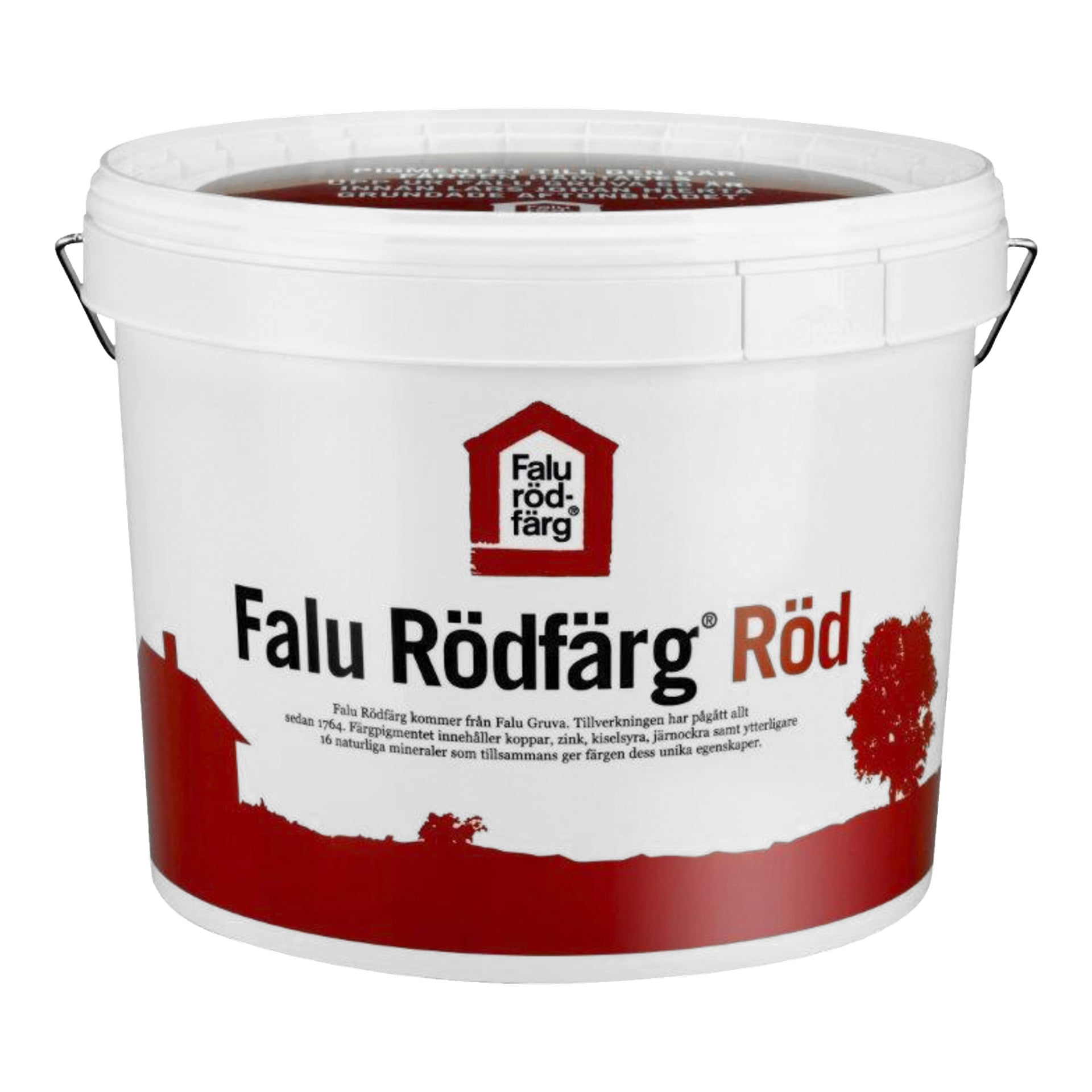 En vit hink med Falu Rödfärg röd färg med svart handtag och en etikett som visade silhuetten av ett rött hus och träd. Röd färg kan ses genom den öppna toppen.