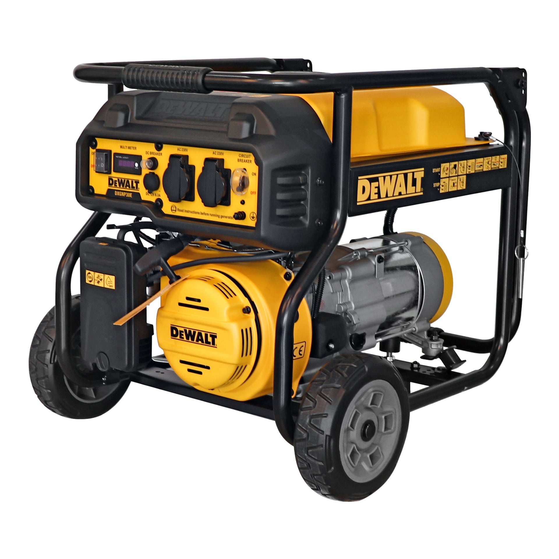 En gul och svart DeWalt Generator DXGNP30E med två hjul, ett handtag, en kontrollpanel med uttag och märkesetiketter som visar DeWalt visas i vinkel.