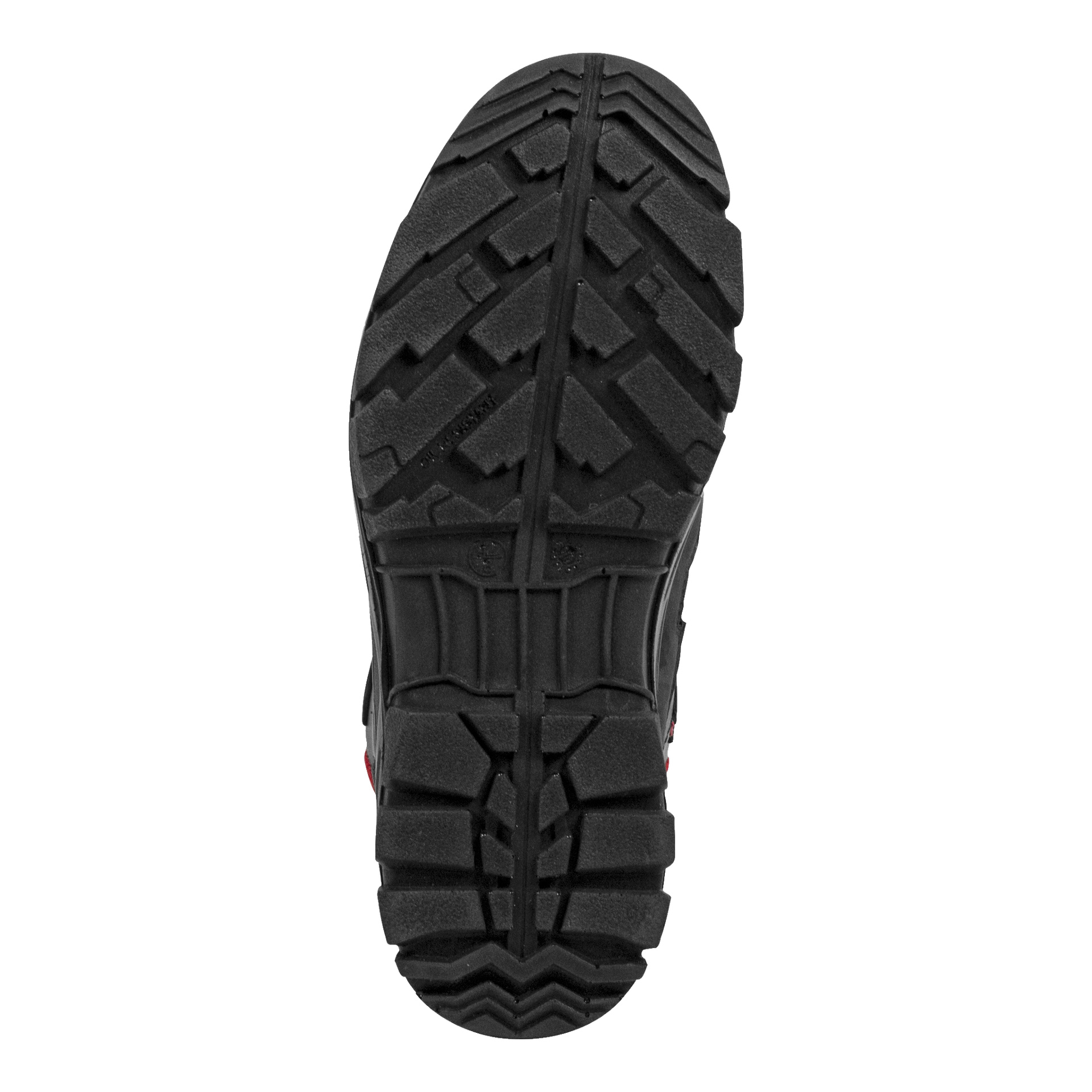 Närbild på Oregon Chainsaw Boots Yukon-sula, som visar ett djärvt geometriskt mönster designat för starkt grepp. Det tjocka gummit har djupa spår för att förbättra greppet, och en del av stövlans övre del är också synlig.