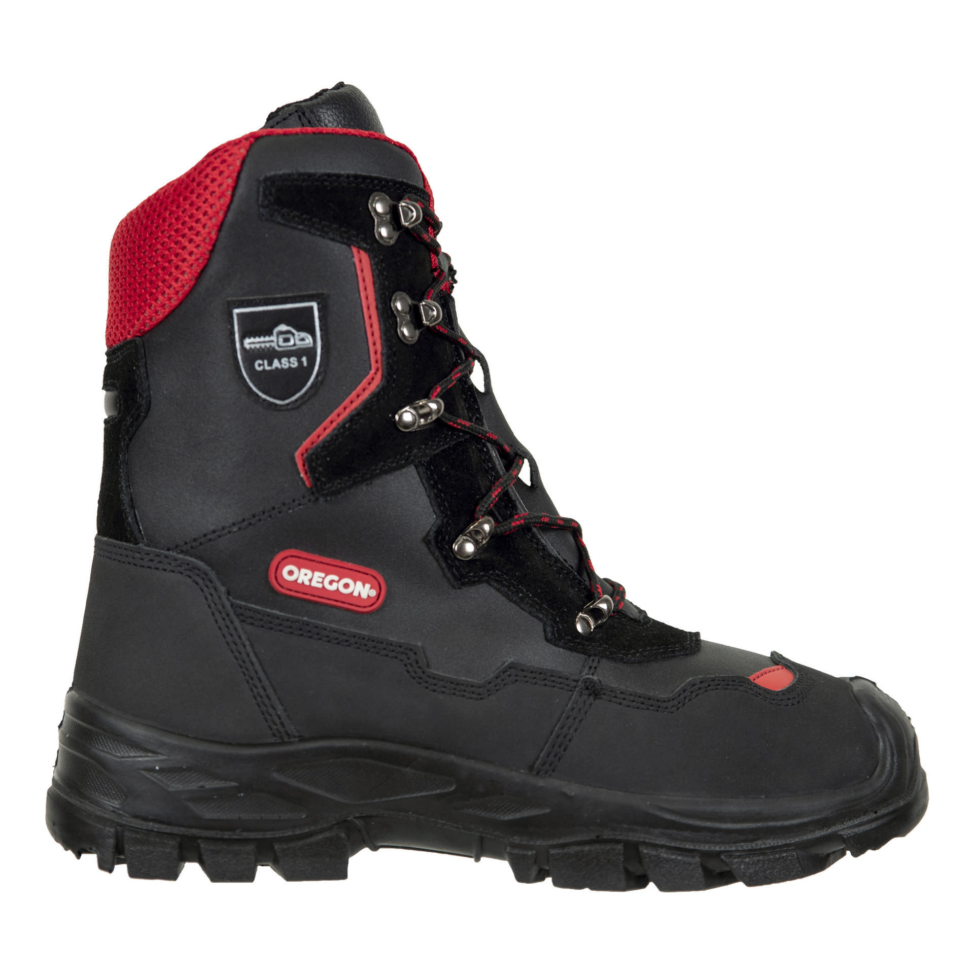 En vänstervy av Oregon Chain Saw Boots Yukon visar en hög stövel i svart och rött, detaljerad med metallöglor, en stadig yttersula och OREGON-loggan på sidan.