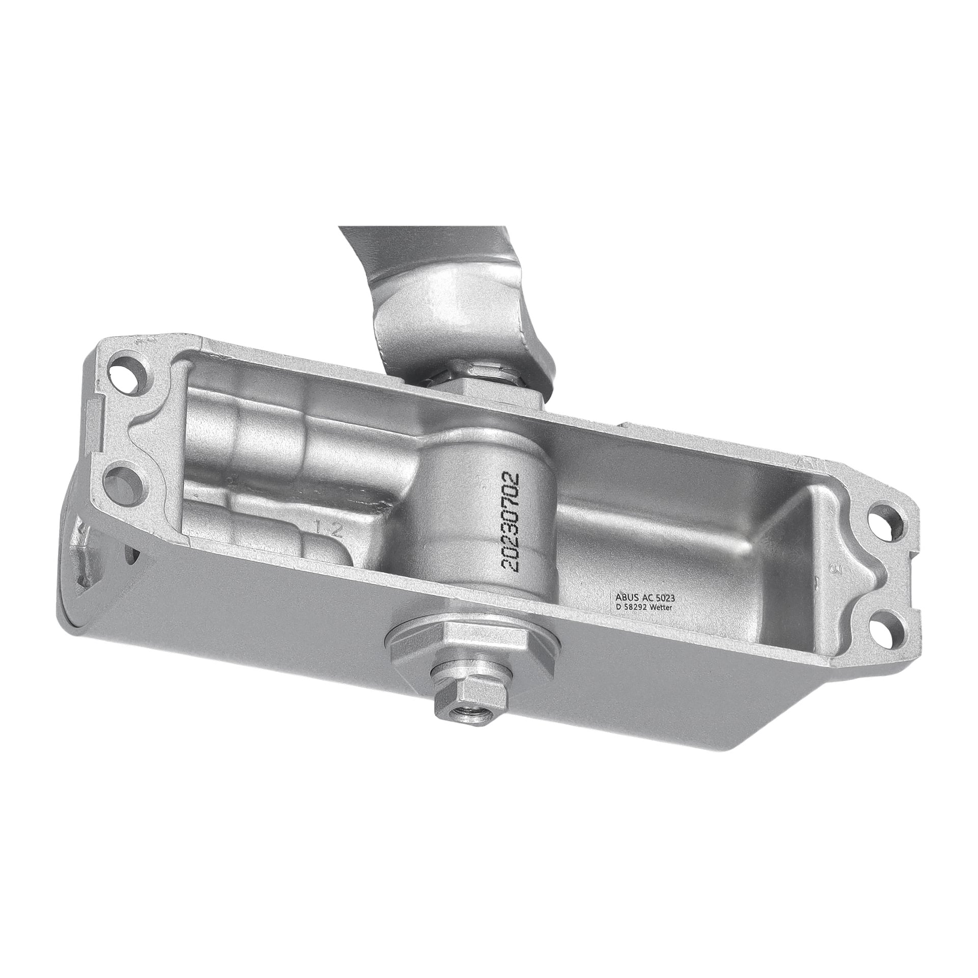ABUS dörrstängare AC5023 är en metallindustriell del med ett rektangulärt öppet hölje som avslöjar dess inre delar. Den har bulthål längs sidorna och serienummer ingraverade på utsidan.