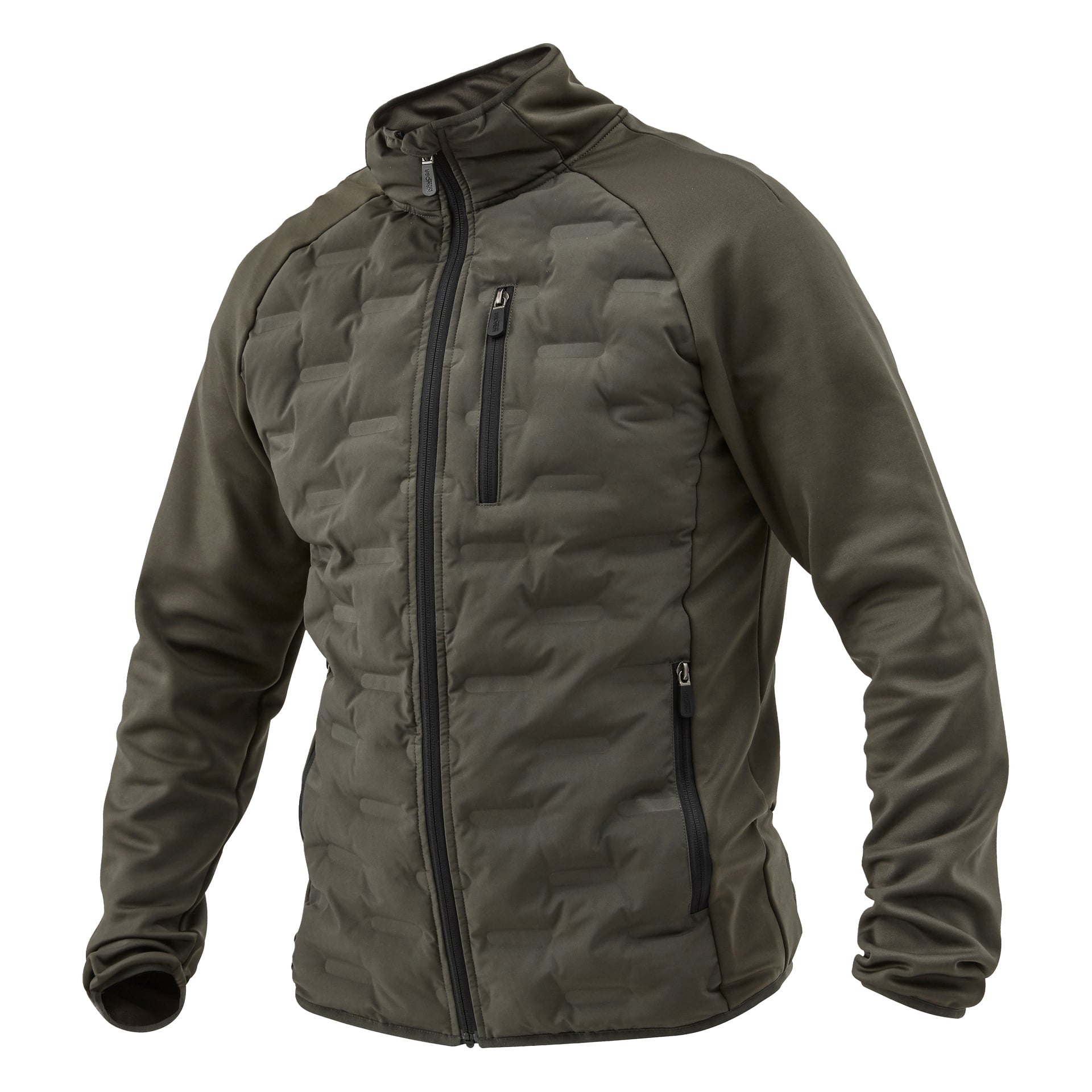 Kayoba Outdoor Men's Särna hybridjacka har en mörkgrön nyans, en vadderad design framtill, långärmat, hög krage och tre fickor med dragkedja: en på bröstet och två i midjan.