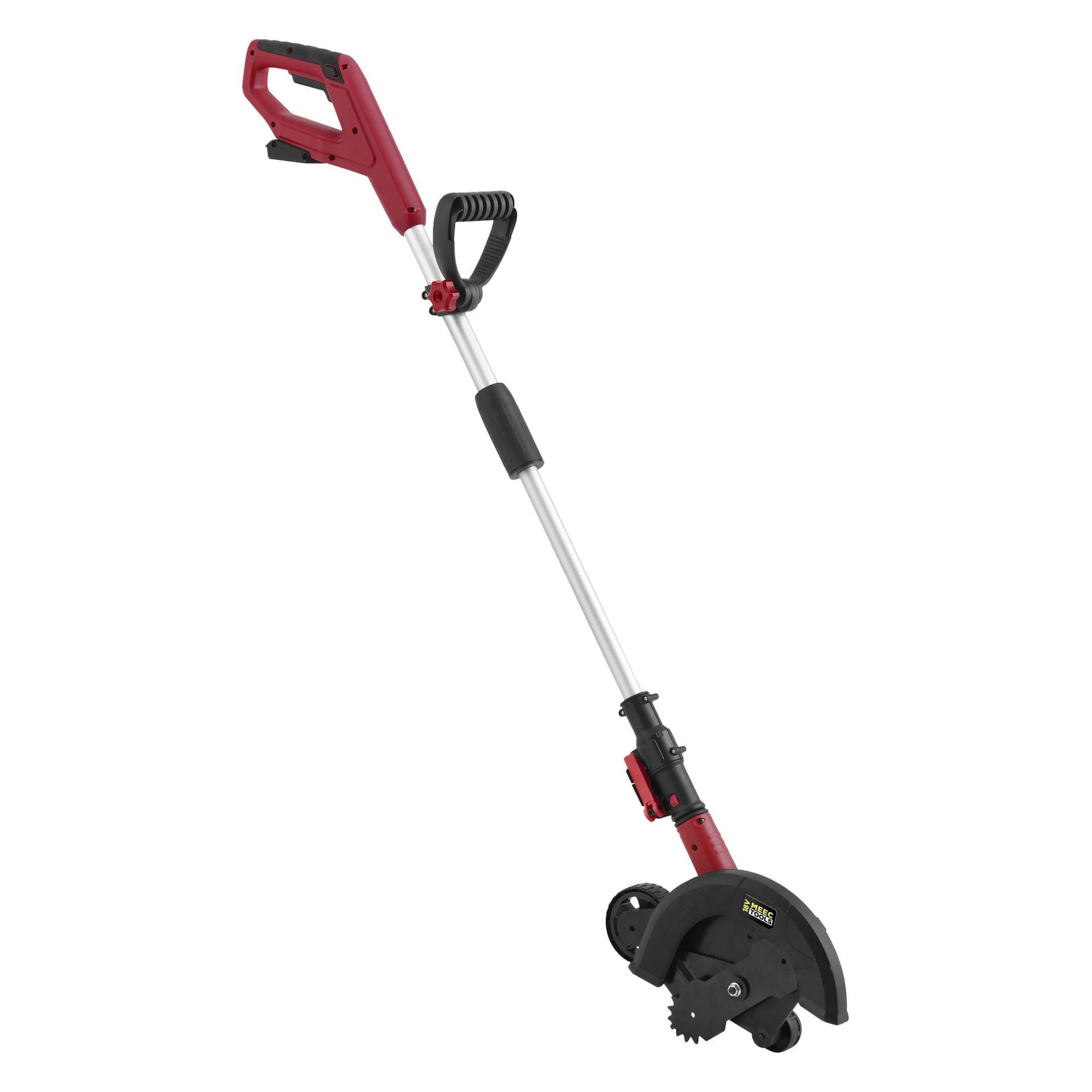 En batteridriven kanttrimmer från Meec Tools Multiseries med röd och silverfärgad kropp, svart handtag, justerbart skaft och svart bladlock.