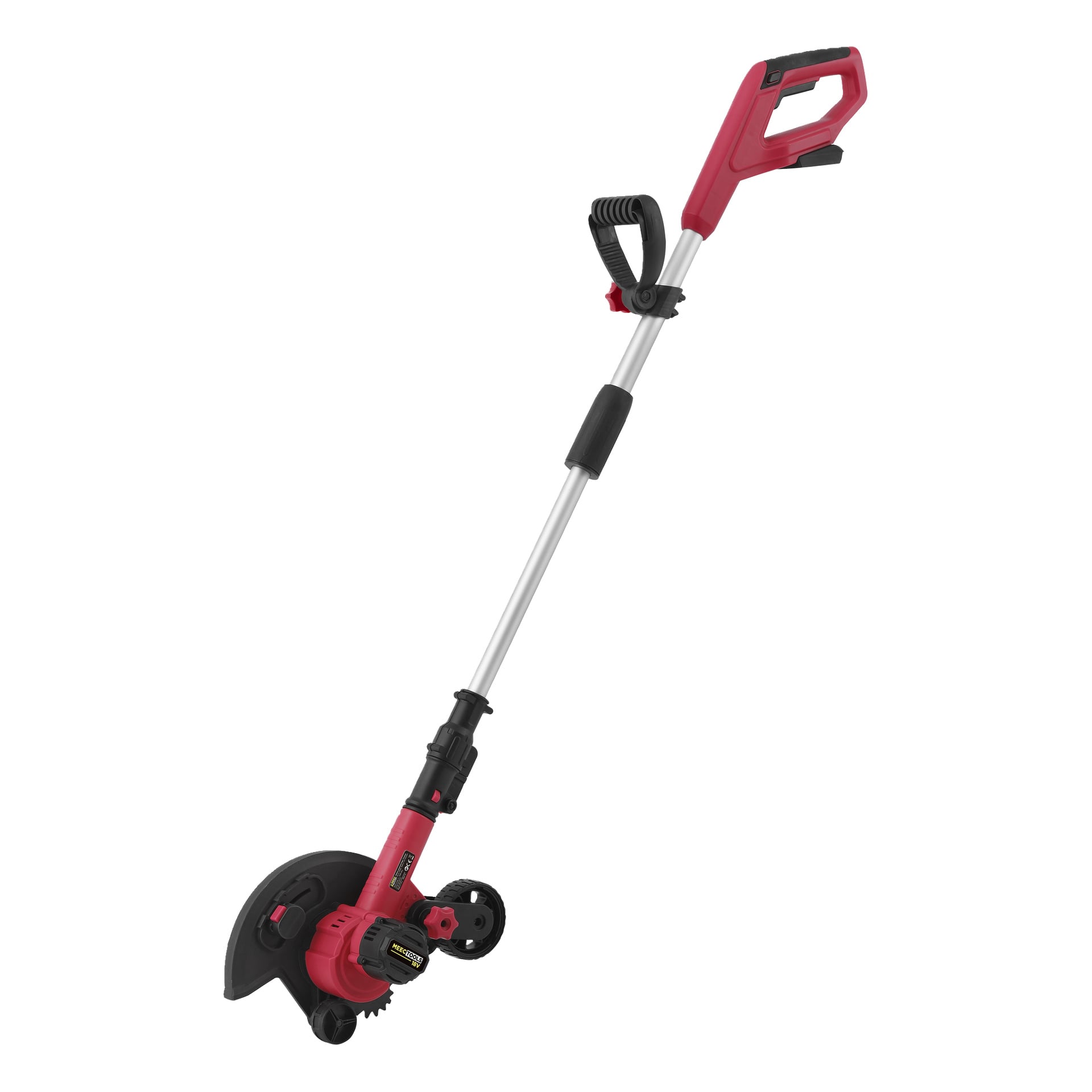 En röd och svart Meec Tools Multiseries batteridriven kanttrimmer med sladdlös design, teleskopiskt handtag, hjälphandtag och kanthjul.